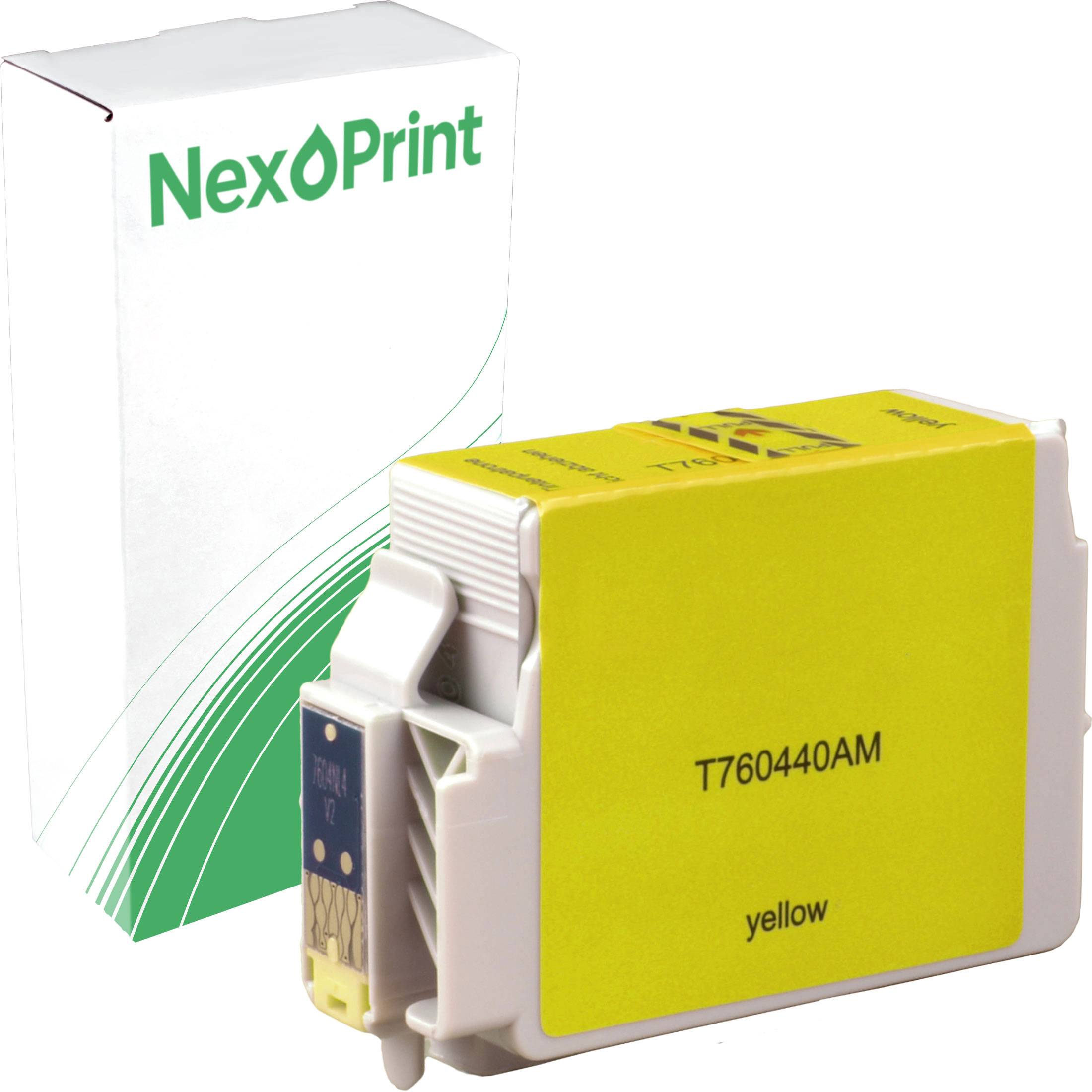 Gelbe Tintenpatrone für T760440AM vor einer NexPrint-Markenverpackung.