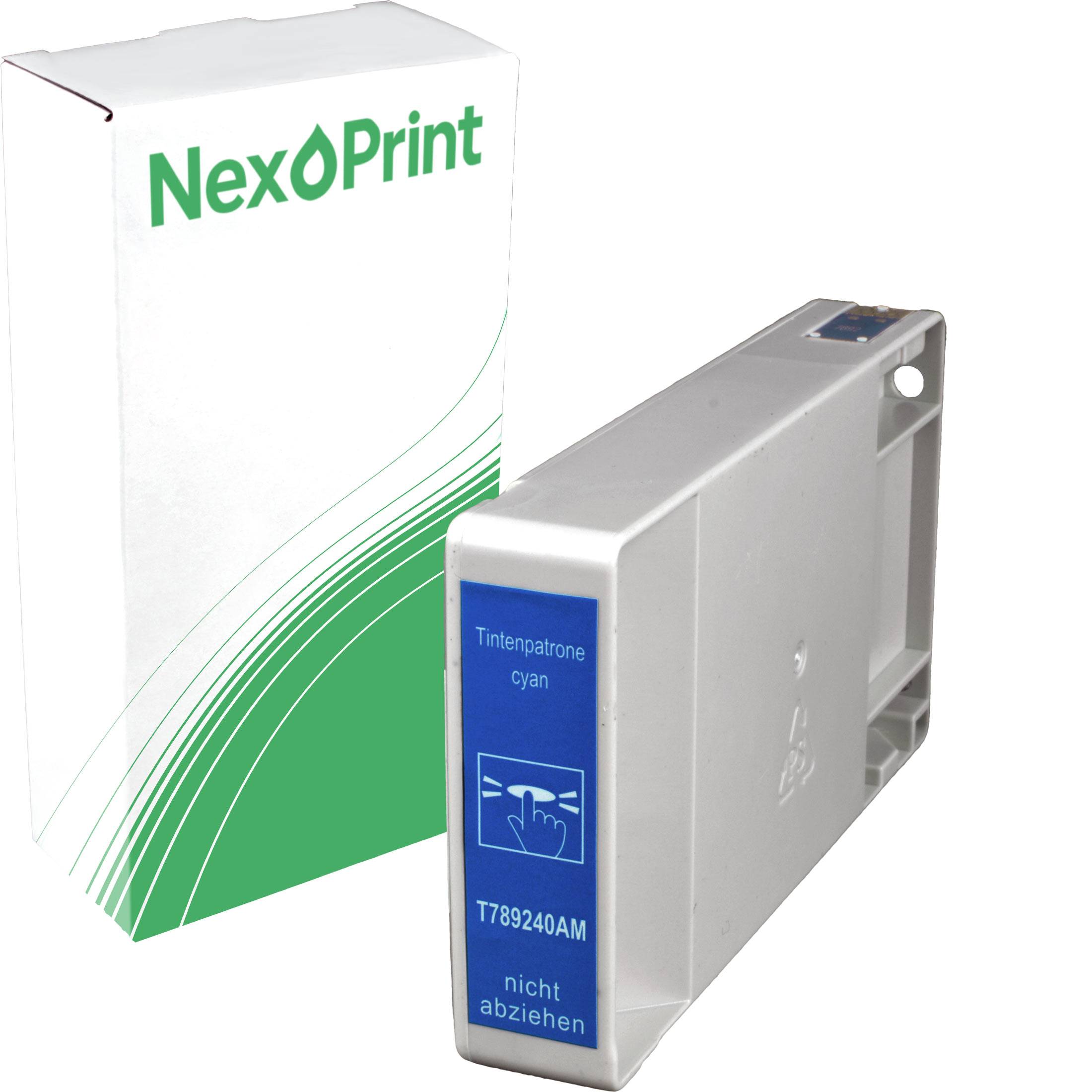 Cyan-Tintenpatrone mit der Bezeichnung ‚T789240AM', präsentiert in einer Verpackung der Marke ‚NexoPrint'.