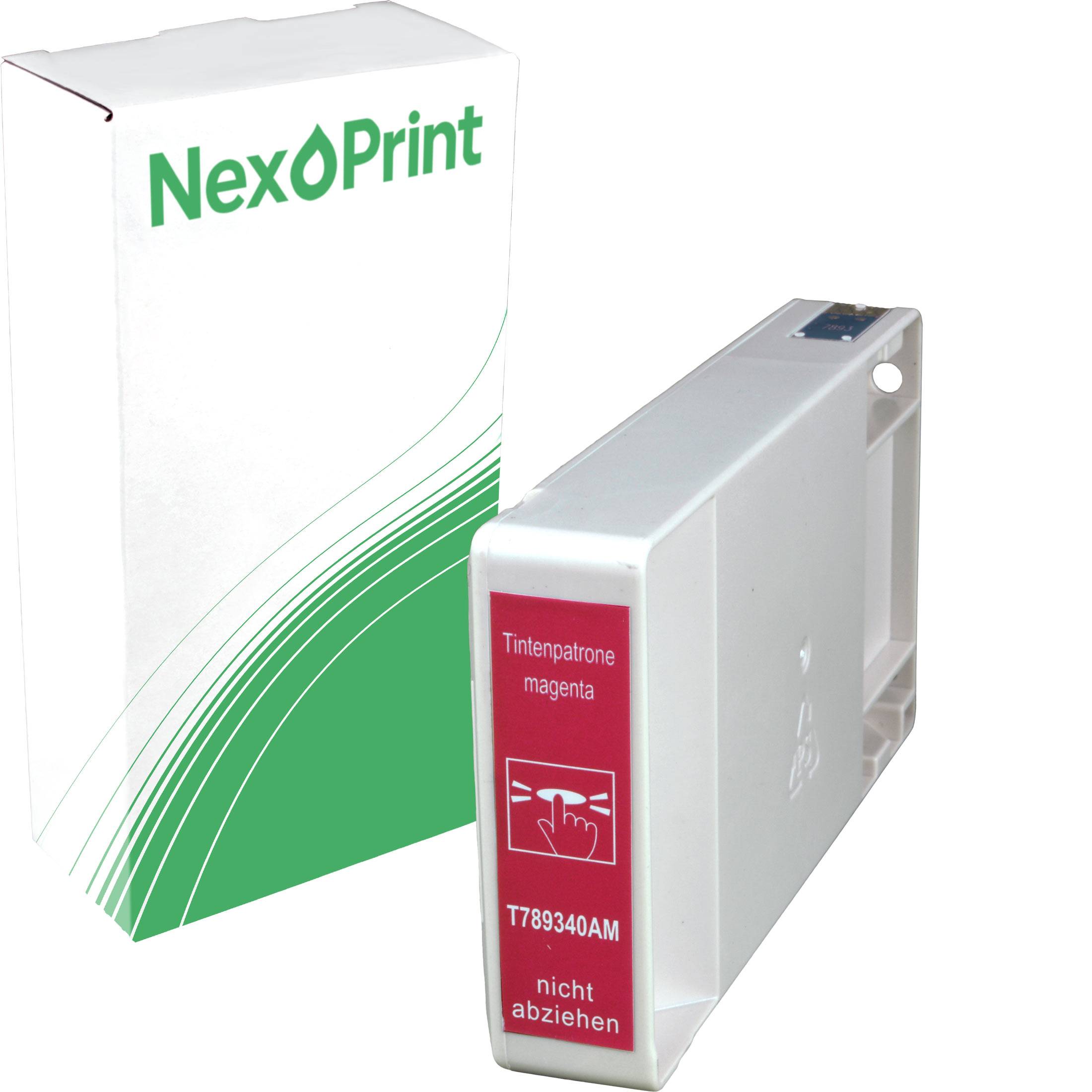 NexoPrint' Verpackung mit einer Magenta-Tintenpatrone, beschriftet mit 'T789340AM'. Deutscher Text 'nicht abziehen' auf der Patrone.