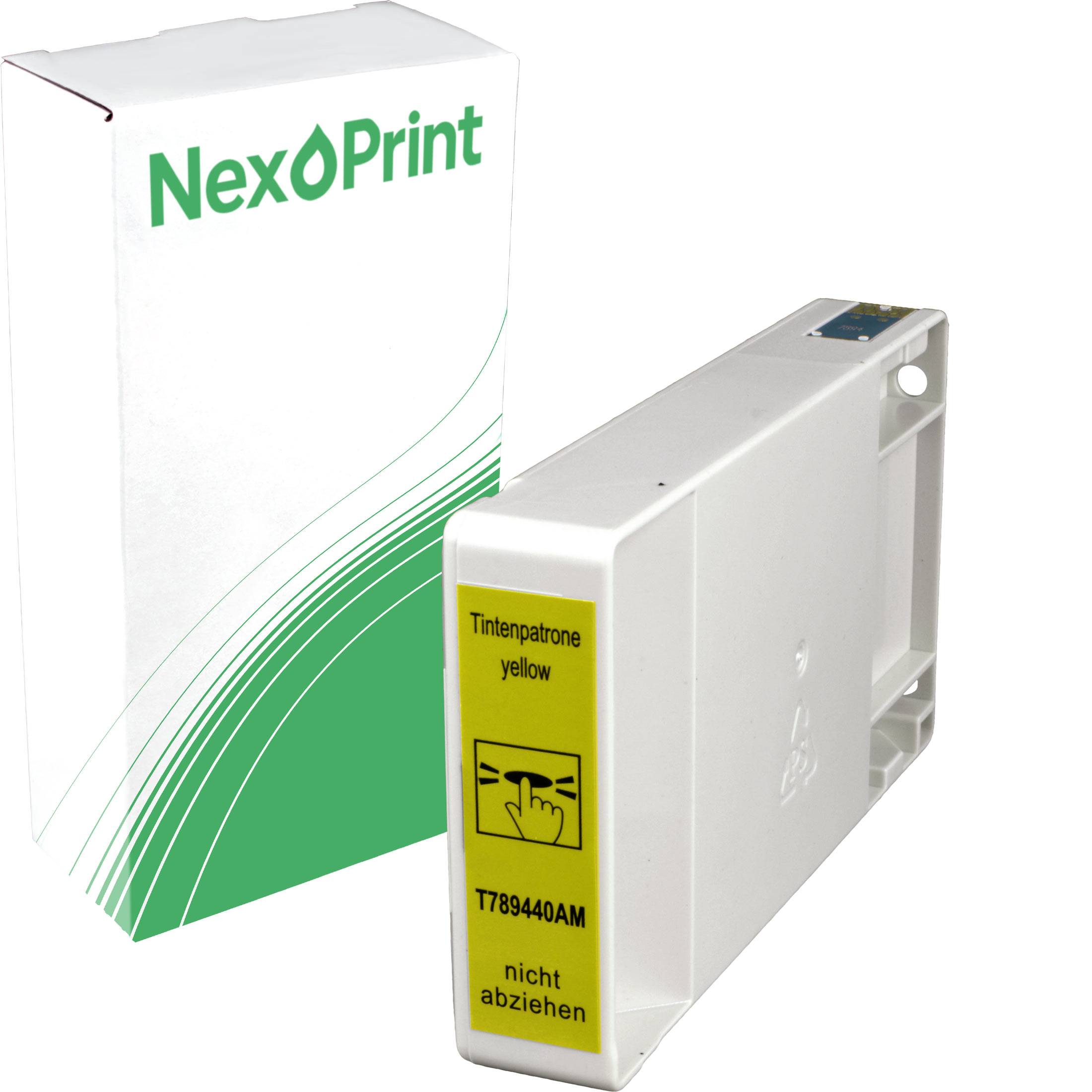 Gelbe Tintenpatrone mit der Beschriftung 'Tintenpatrone yellow, T789440AM, nicht abziehen' vor einer NexPrint-Schachtel im Hintergrund.