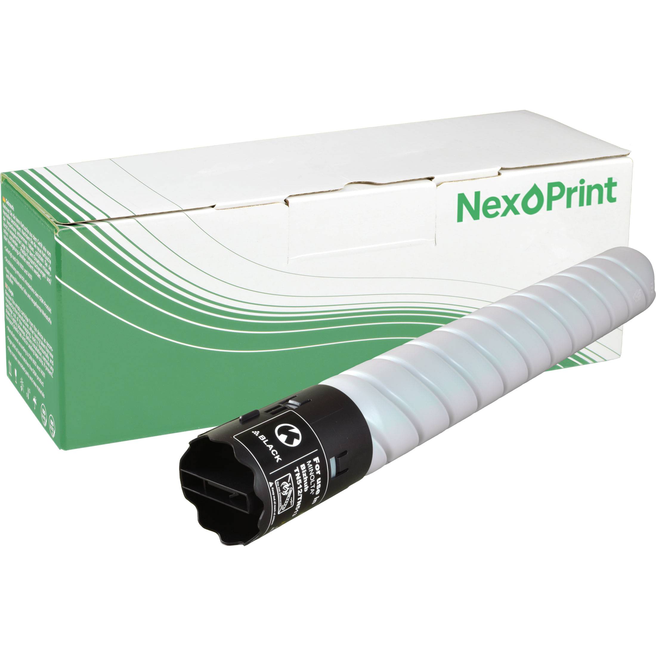 Eine grüne und weiße NexPrint Tonerbox mit einer schwarzen Tonerkartusche, die davor liegt und mit 