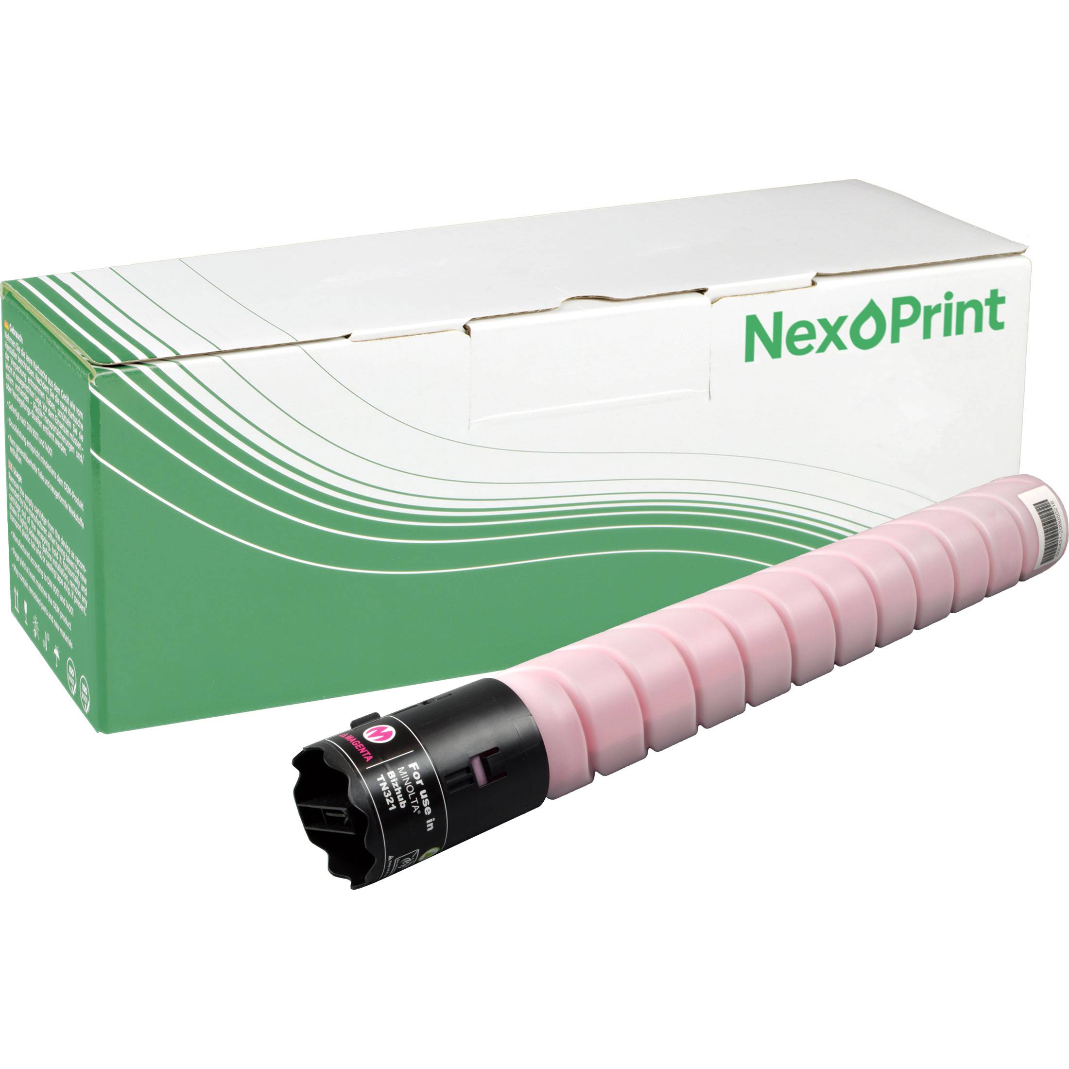 Eine rosa Tonerkassette mit der Bezeichnung 'NexOPrint' neben einer grün-weißen NexOPrint-Box, die für den Druckereinsatz konzipiert ist.