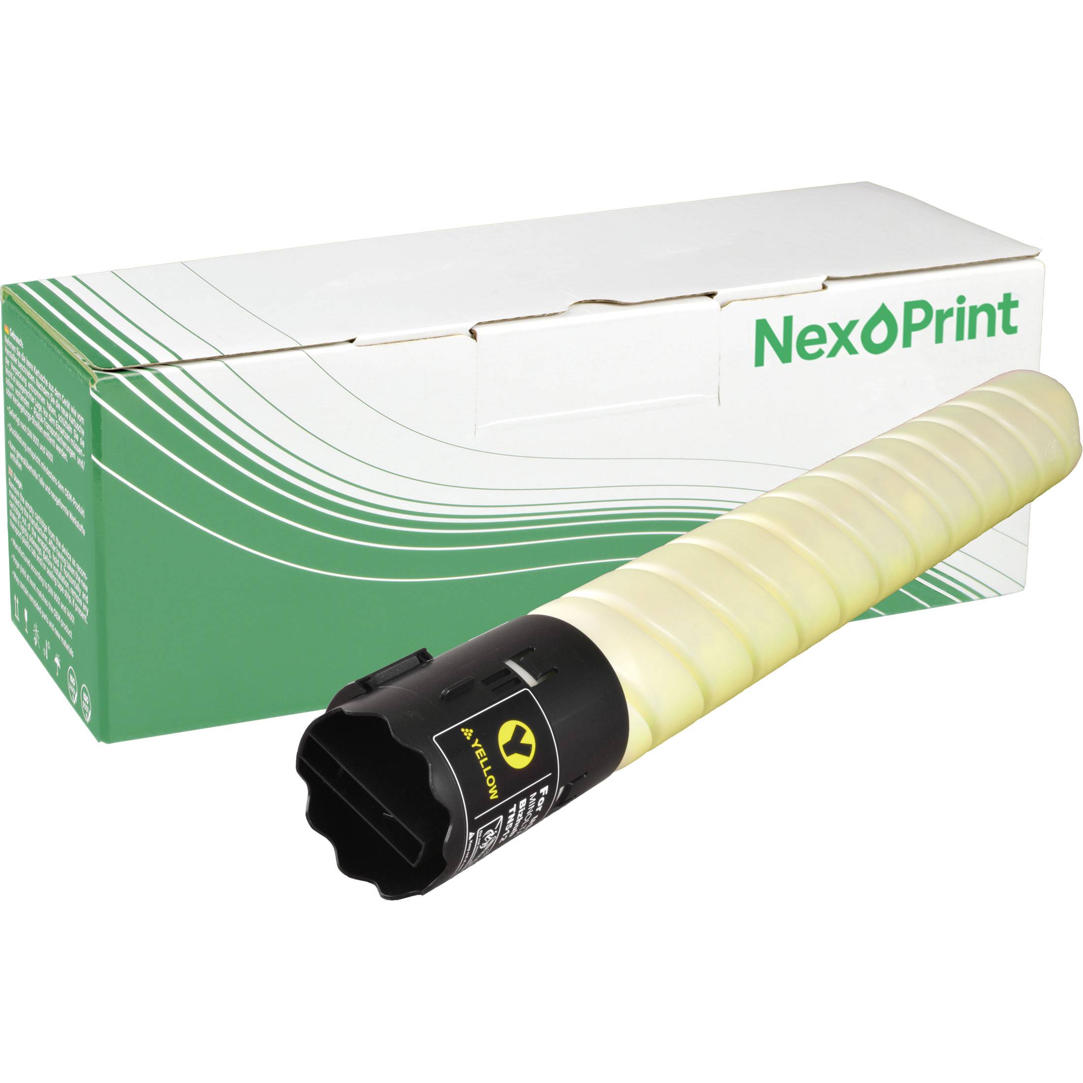 Eine grüne und weiße NexPrint-Tonerkartuschenschachtel mit einem gelben Toner darauf, die ein schwarzes Etikett mit einem Warnzeichen trägt.