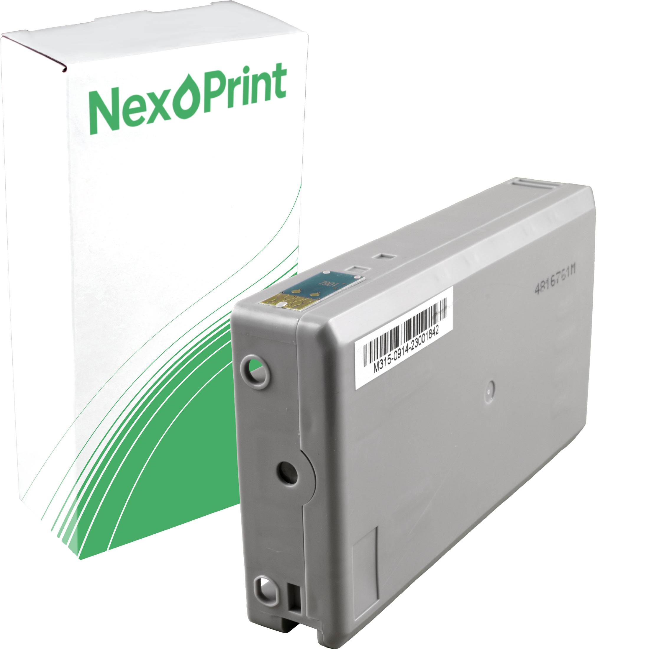 Ein großer grauer Tintenpatronenkartusche wird vor einer NexPrint-Markenbox mit grünen und weißen Designelementen platziert.
