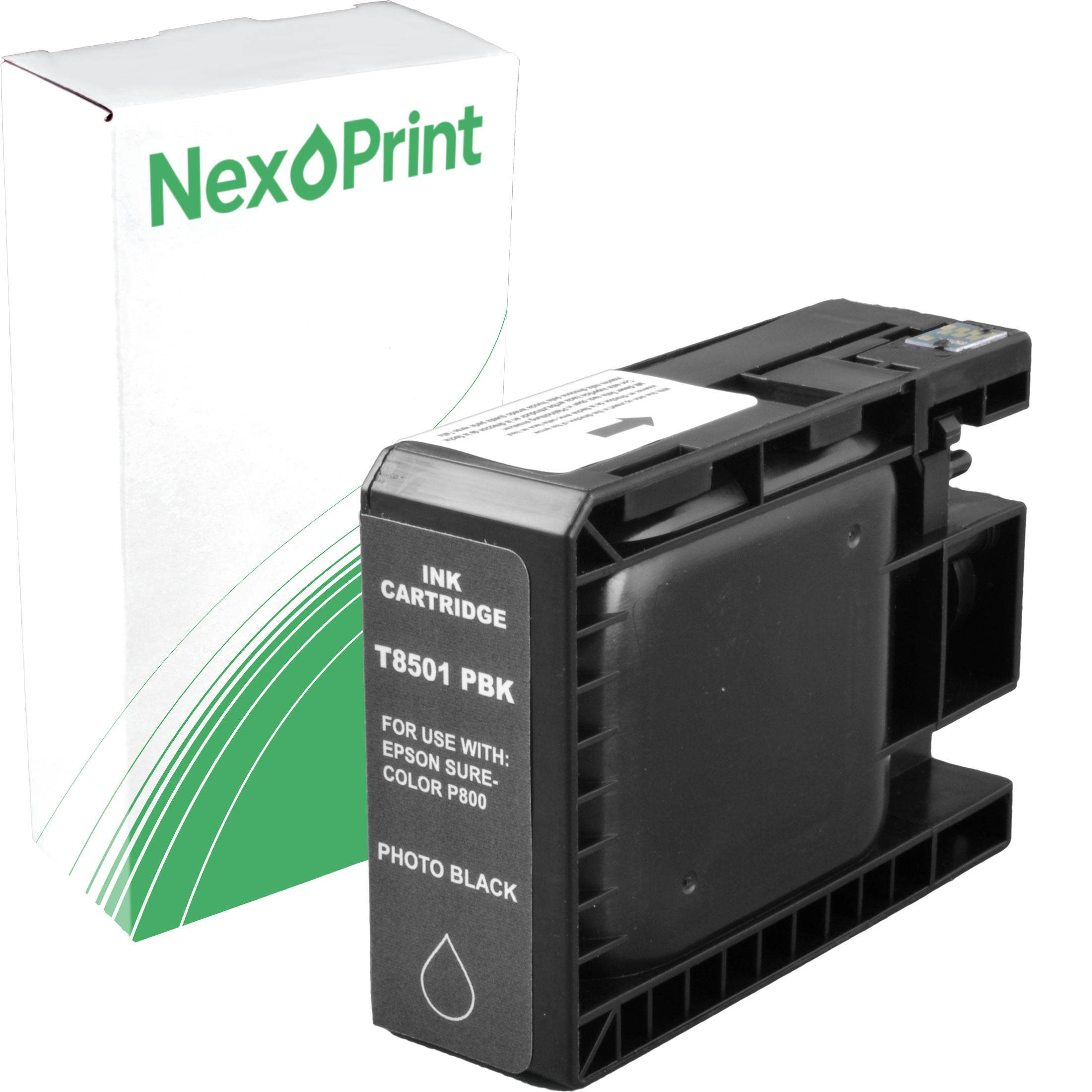 Schwarze Tintenpatrone für Epson Color P800 Drucker, mit der Bezeichnung 'Fotoschwarz' und Produktverpackung mit der Marke 'NexPrint'.