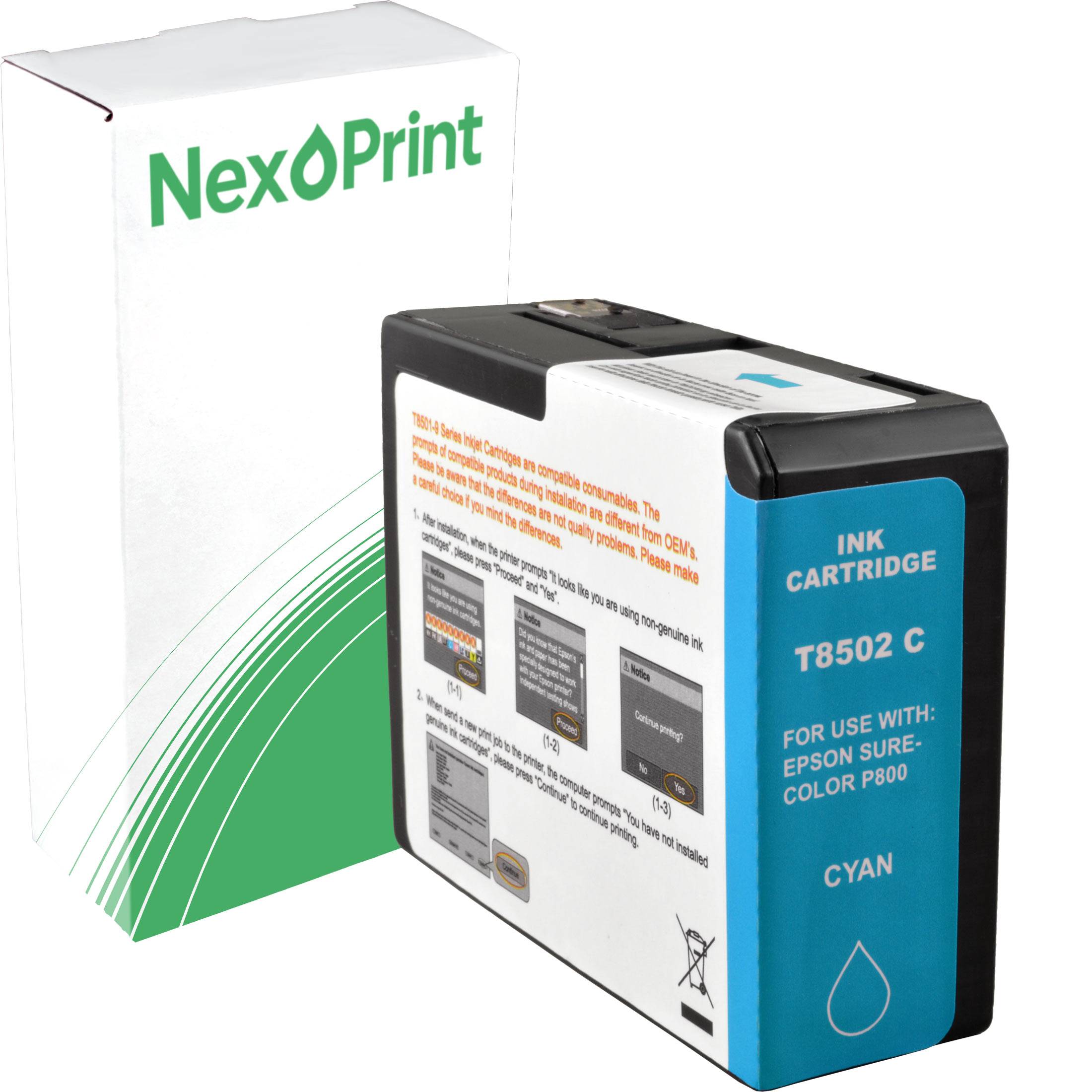 Cyan-Tintenpatrone für Epson SureColor P800. Box und Patrone zeigen 'NexPrint'-Branding. Geeignet zum Ersetzen vorhandener Patronen.