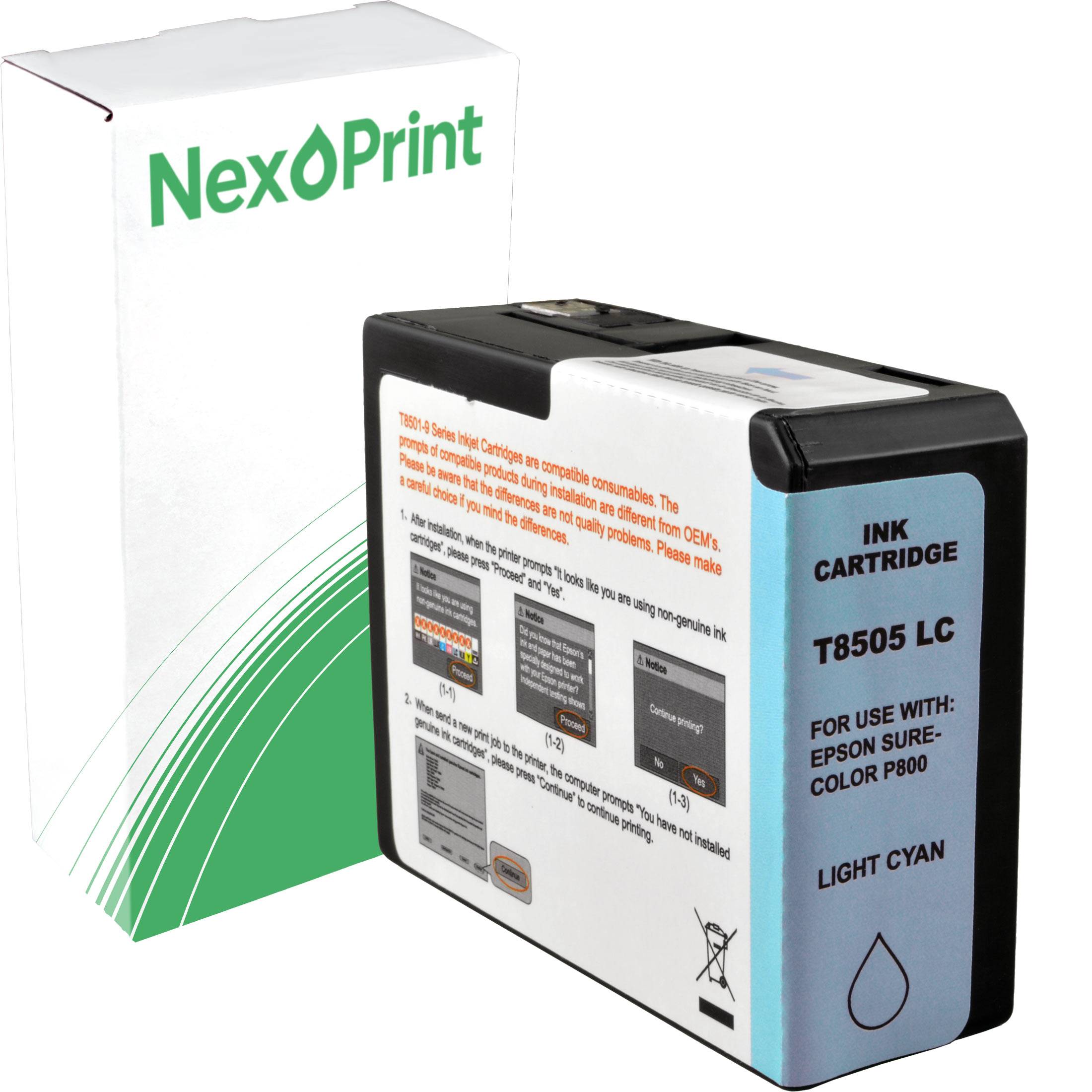 Hellcyan Tintenpatrone für Epson SureColor P800, mit Verpackung beschriftet mit 'NexPrint'.