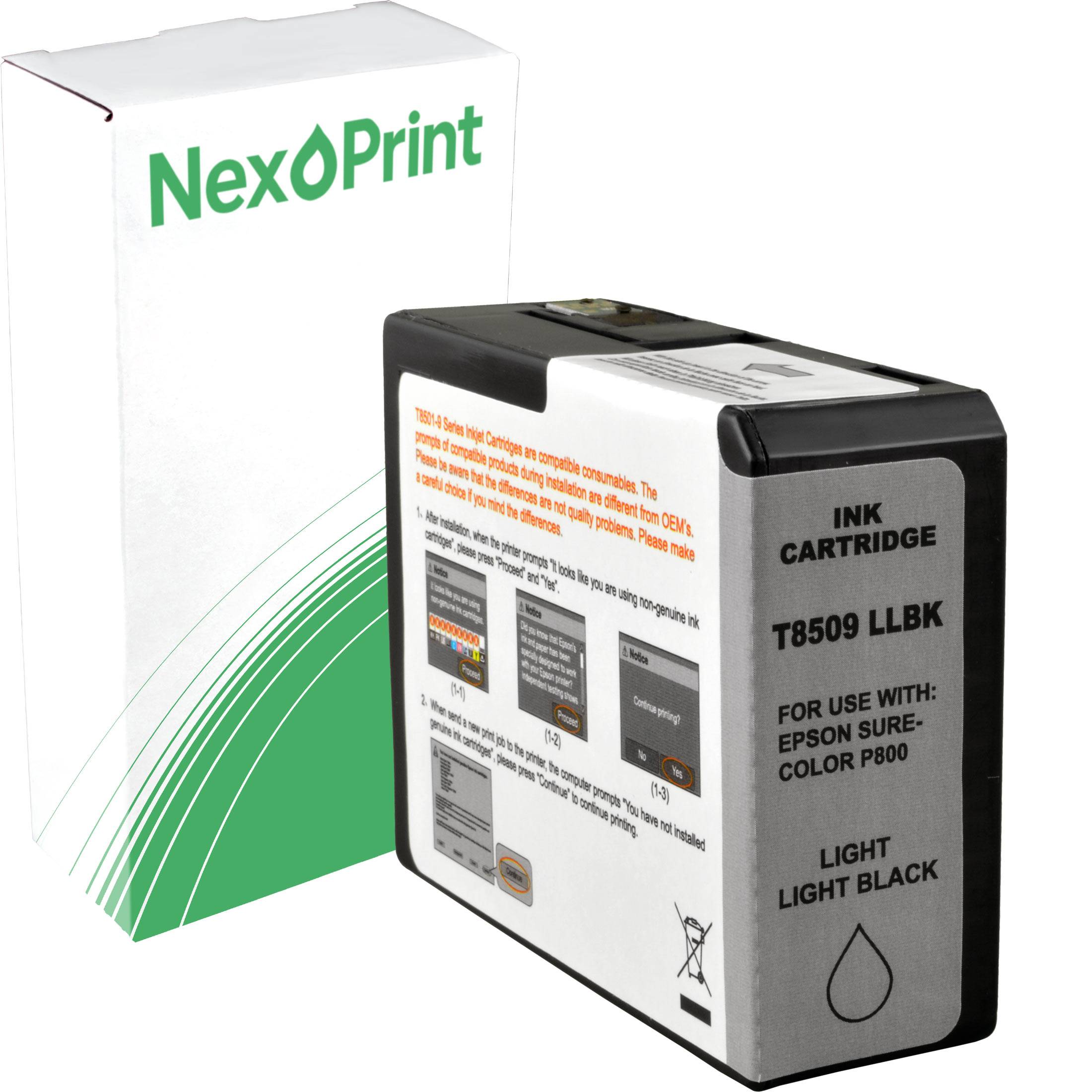 Tintenpatrone 'NexPrint' T8509 LLBK, kompatibel mit Epson SureColor P800, gekennzeichnet als 'Light Light Black'. Verpackung im Hintergrund sichtbar.