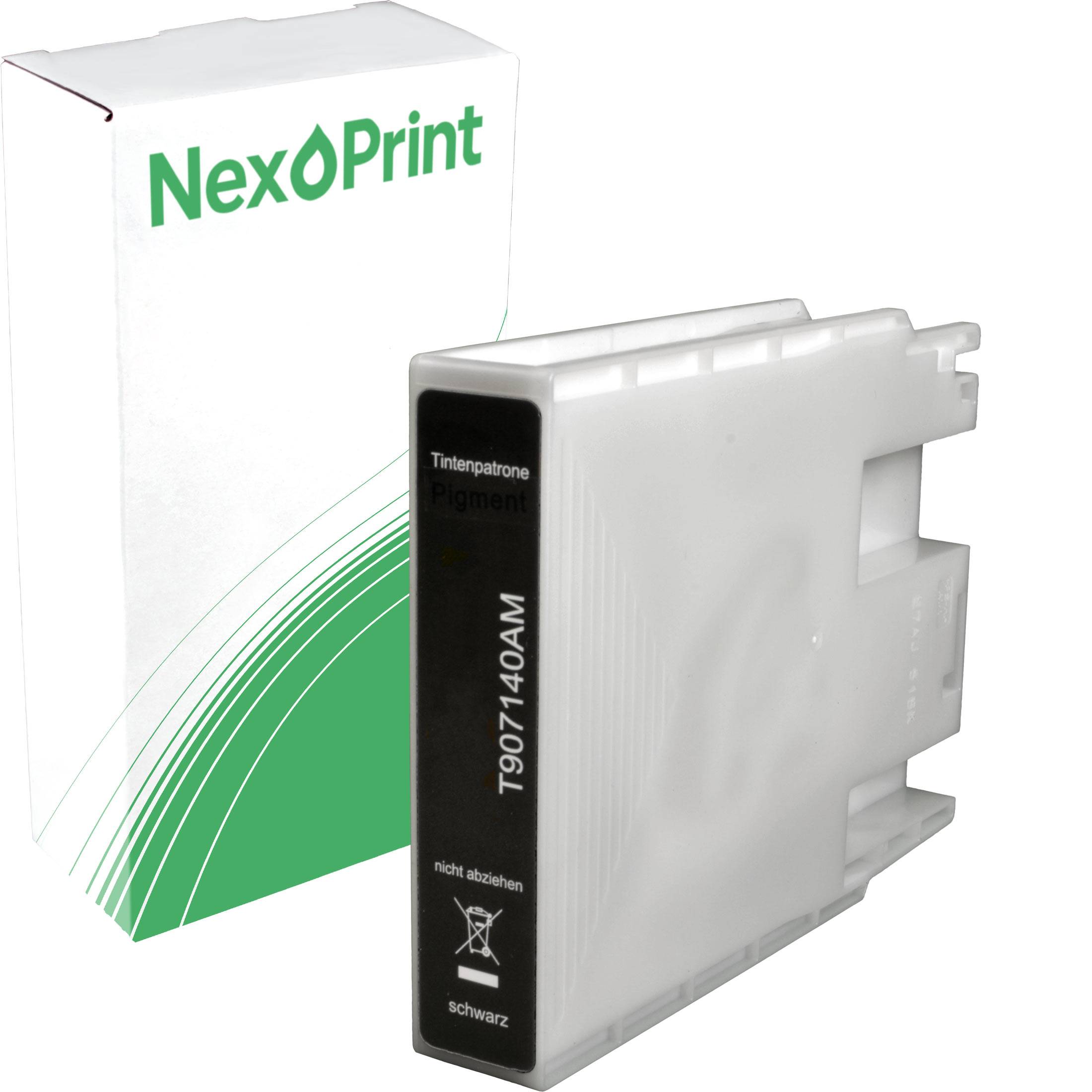 Schwarze Tintenpatrone der Marke 'NexoPrint' in Verpackung.