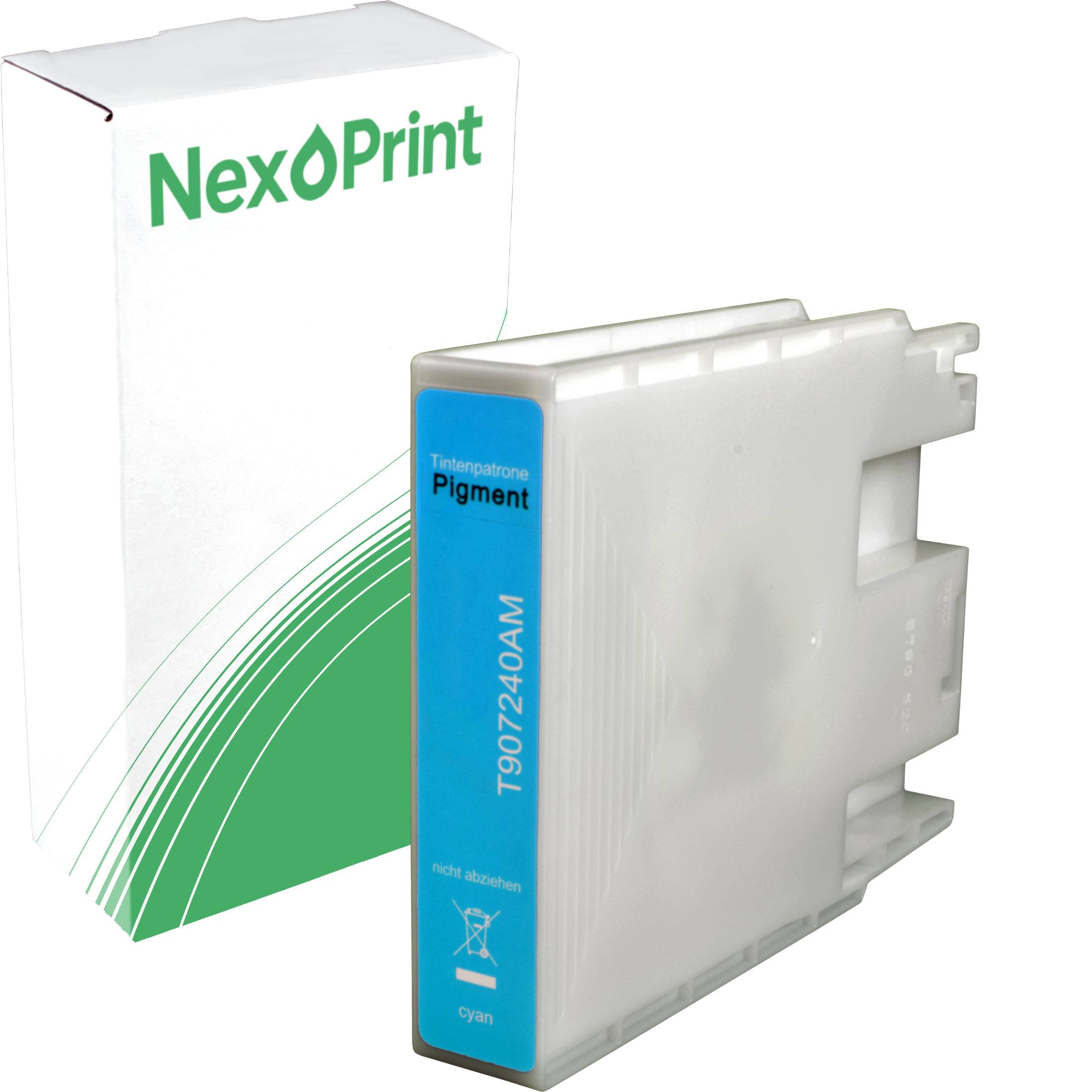 Tintenpatrone von 'NexPrint' mit Cyan-Pigment, zusammen mit ihrer Verpackung dargestellt.
