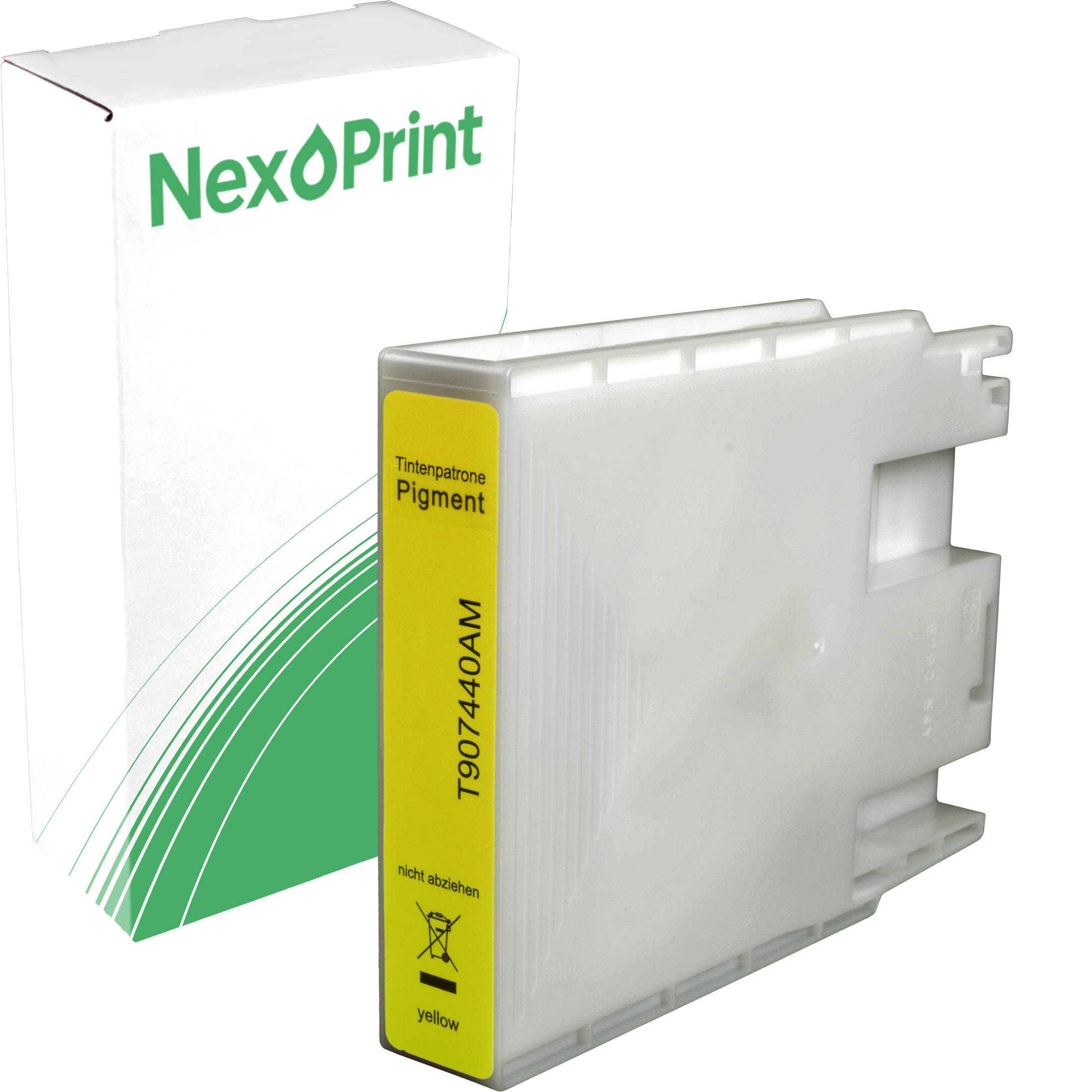 Eine weiße und grüne Box mit 'NexøPrint' und einer gelben Tintenpatrone, beschriftet mit 'T907440AM Tintenpatrone Pigment' und markiert mit 'gelb'.