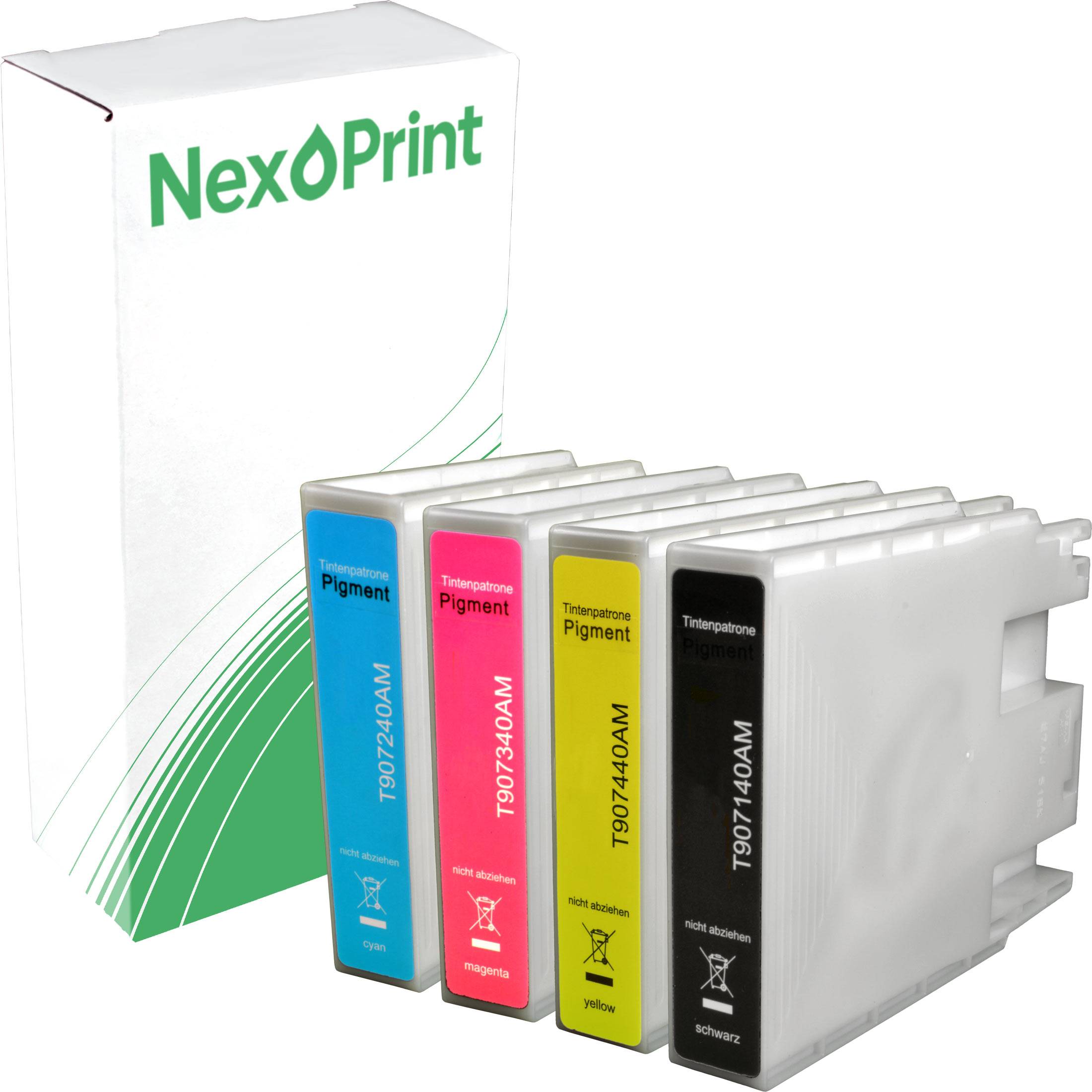 NexPrint' Marken-Tintenpatronen in Cyan, Magenta, Gelb und Schwarz, mit Verpackung im Hintergrund, entwickelt für den Druck.