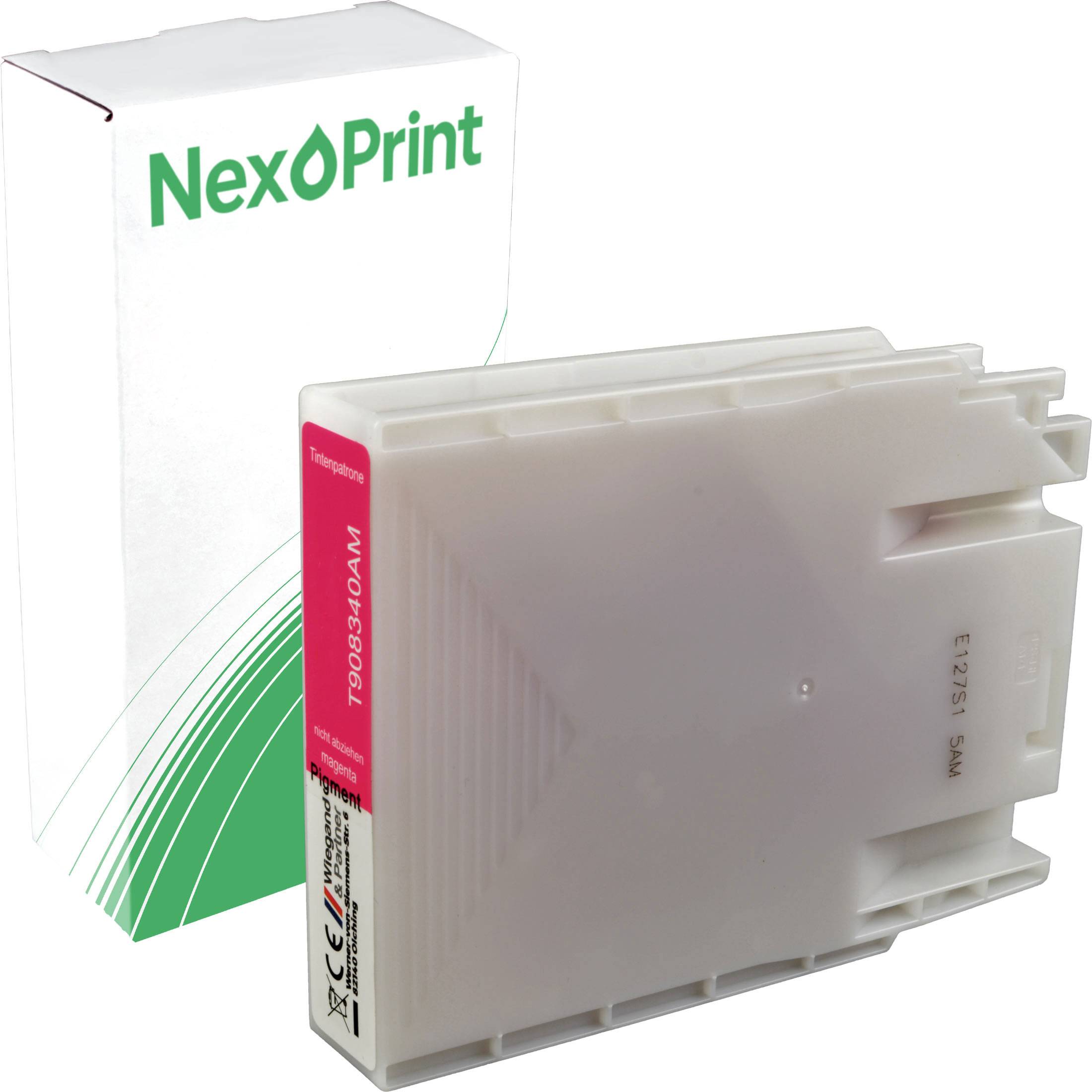 Verpackung der NexPrint Tintenpatrone mit Magenta-Anzeige, Modell 7098340AM, mit Produktname und Spezifikationen.