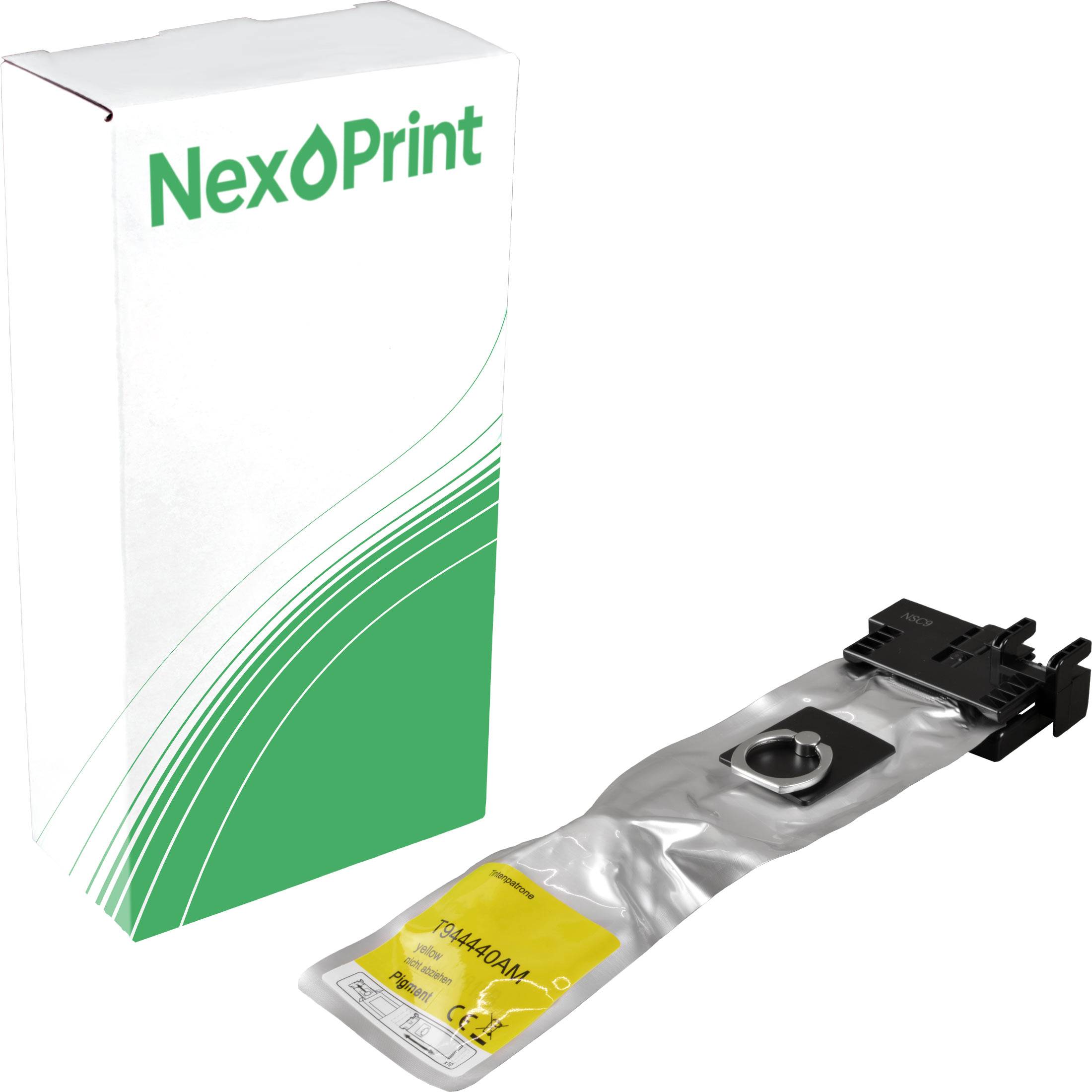 NexPrint' Tintenpatrone in einer Verpackungsbox mit Tintenbeutel und Ausguss, entwickelt für die Verwendung mit bestimmten Druckermodellen. Die Verpackung enthält das Firmenlogo.