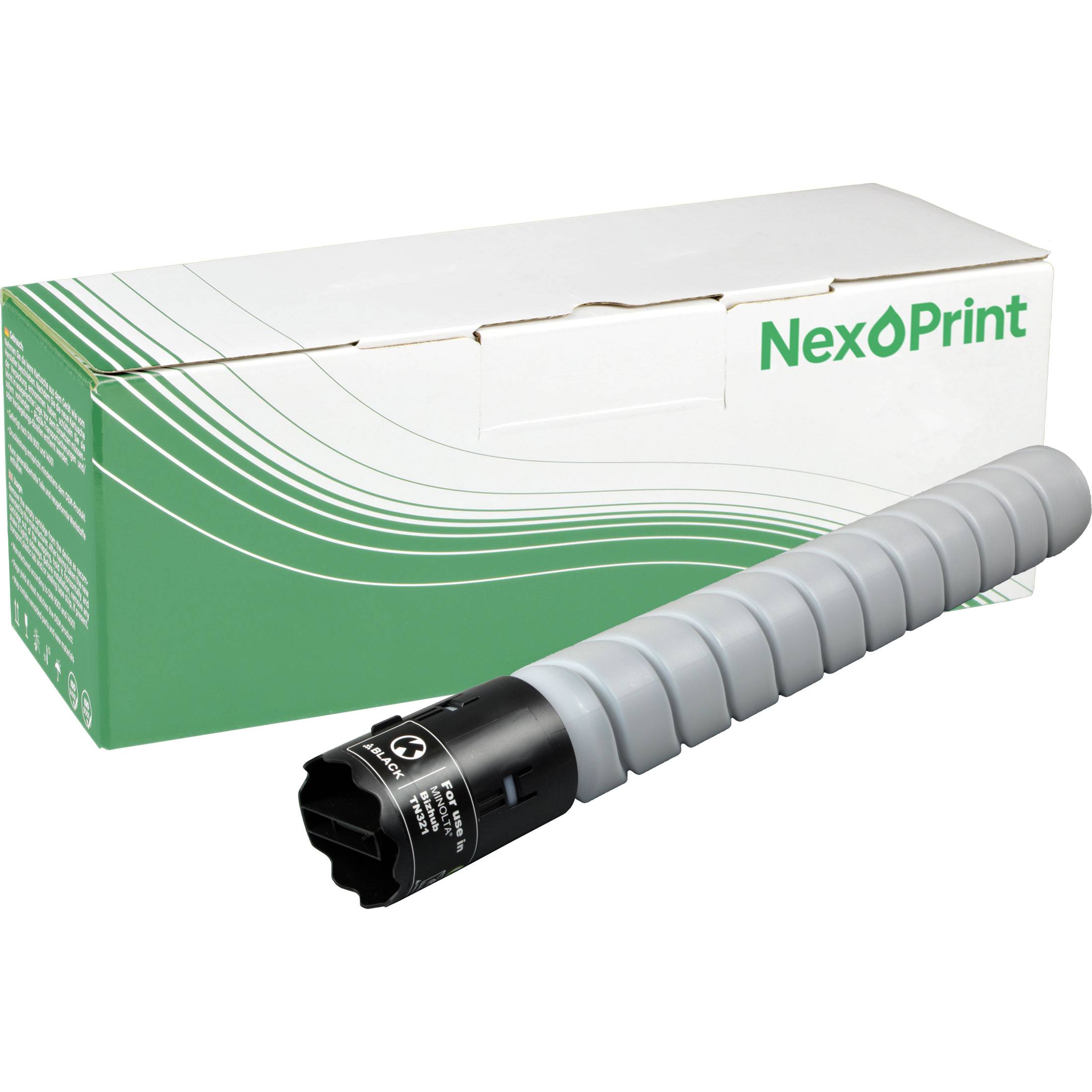 Eine Box und eine graue Tonerkassette mit der Bezeichnung 'NexPrint', konzipiert für Drucker, mit grün-weißer Verpackung.