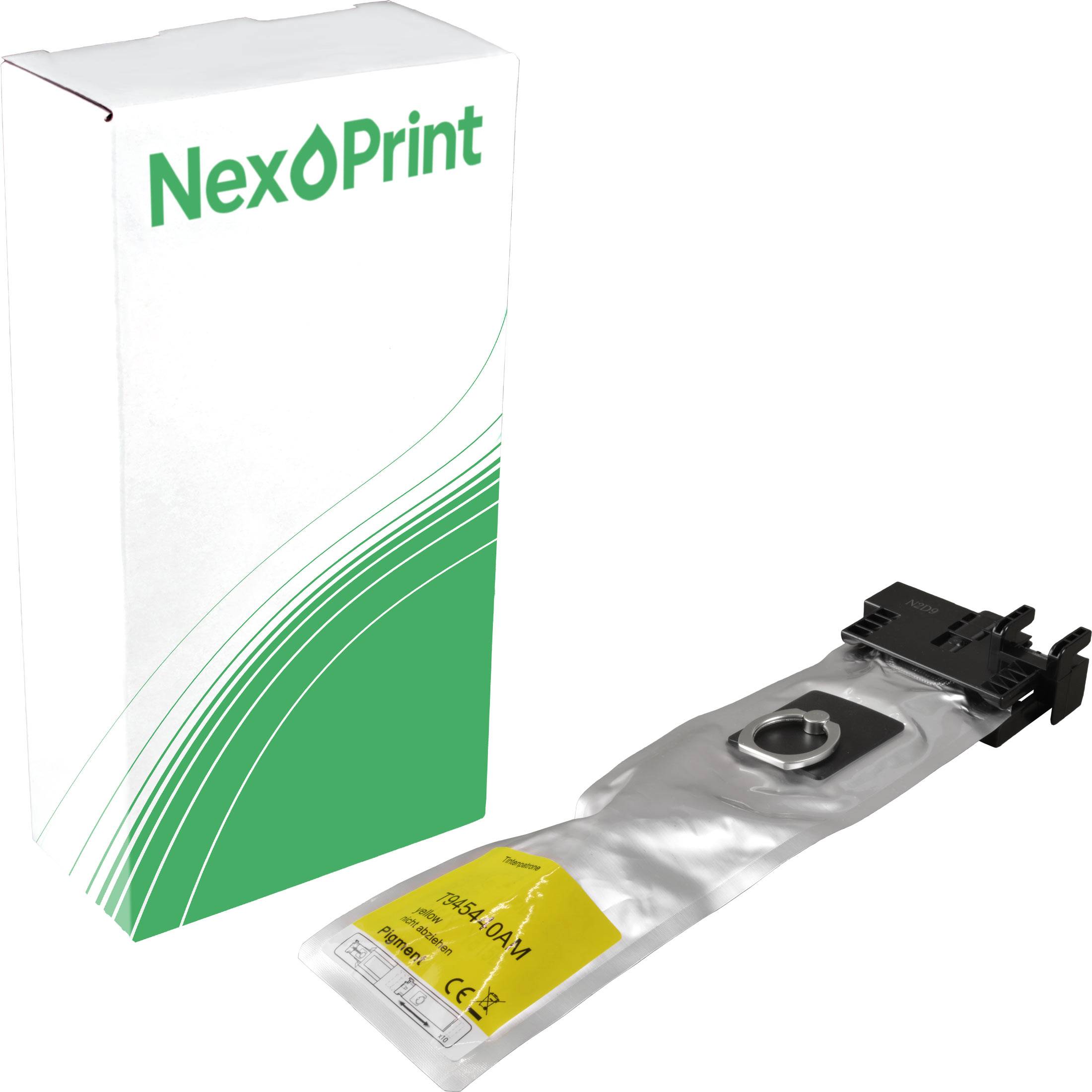 Schachtel mit der Aufschrift 'NexPrint' neben einer Tintenpatrone, was auf einen Ersatz oder ein kompatibles Produkt für Druckgeräte hinweist.