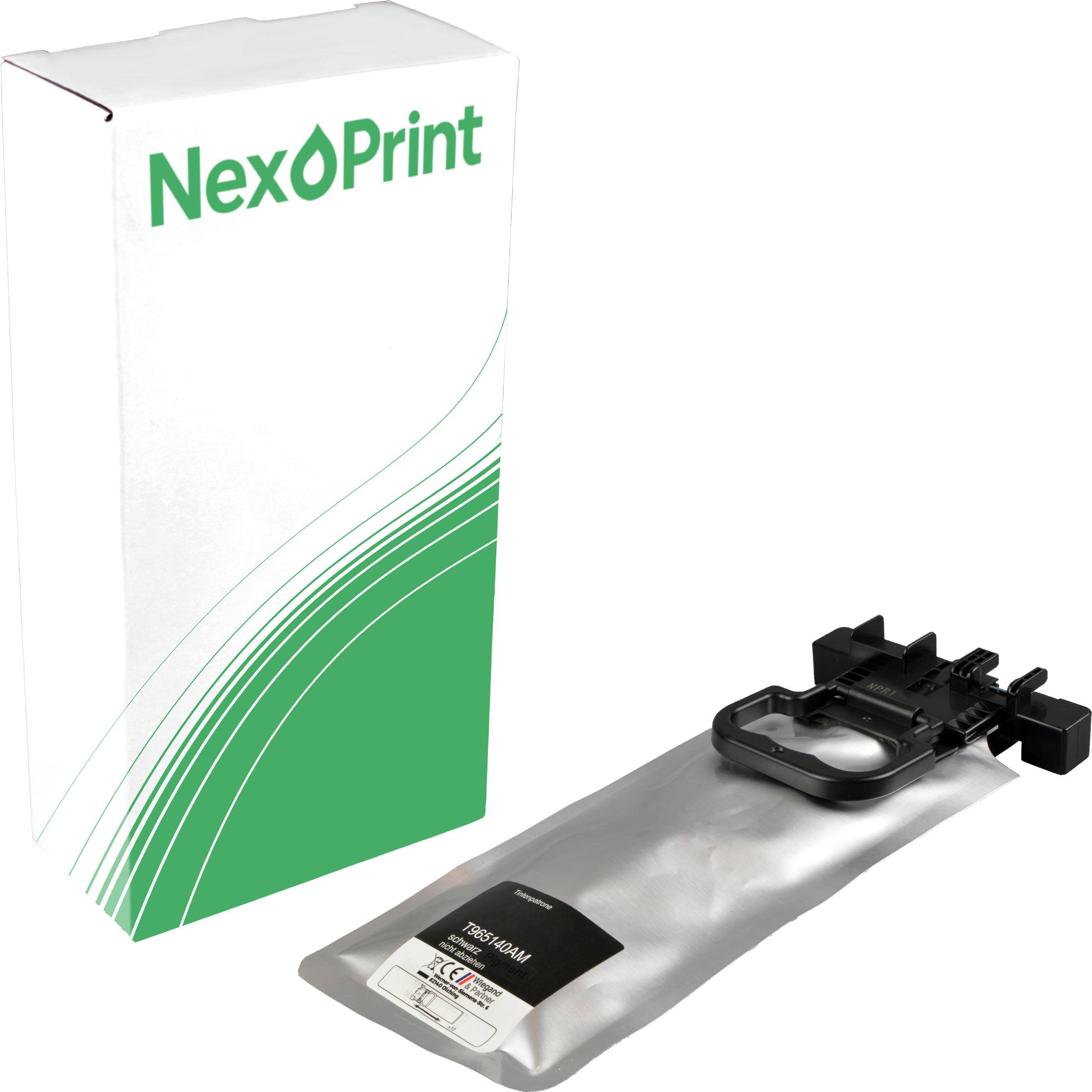 NexPrint'-Druckerpatronenverpackung und die Patrone in einem silbernen Beutel mit schwarzer Düse.