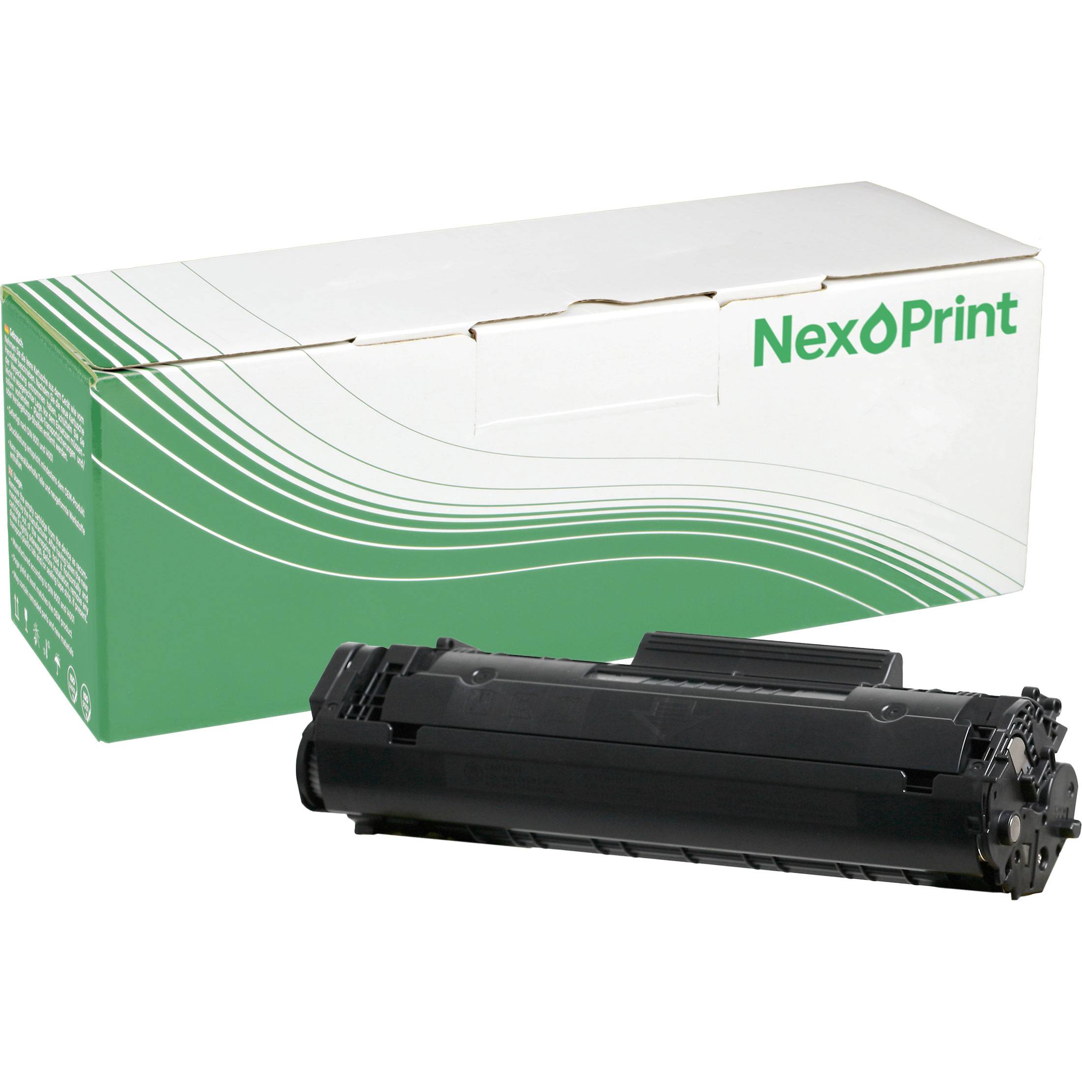 Eine NexPrint-Tonerkartusche und ihre Schachtel mit grün-weißem Design, nebeneinander platziert.