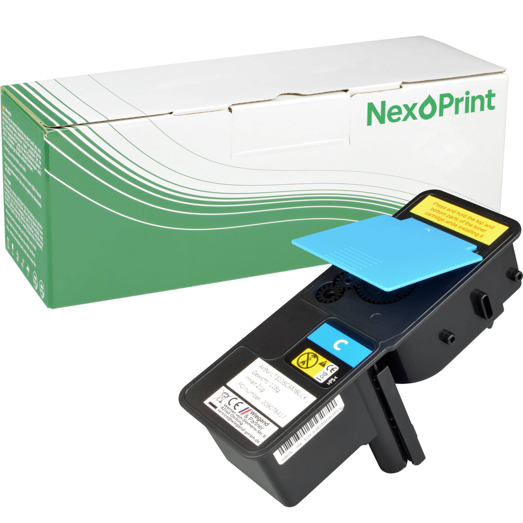 Eine Ersatz-Druckpatrone in Cyan und ihre Verpackungsschachtel, die mit 'NexoPrint' beschriftet ist.