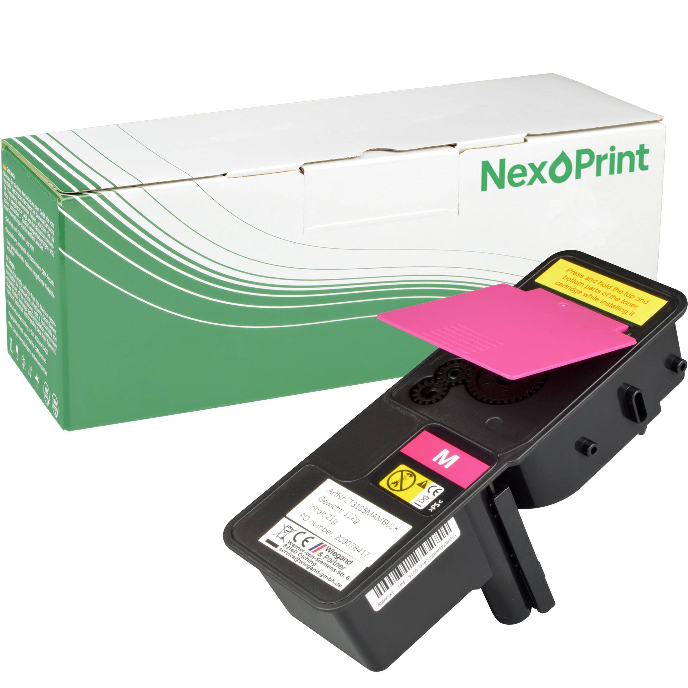 Eine 'NexPrint' Magenta-Tintenpatrone ist vor ihrer grün-weißen Verpackungsschachtel abgebildet, was den Produkttyp und die Marke kenntlich macht.