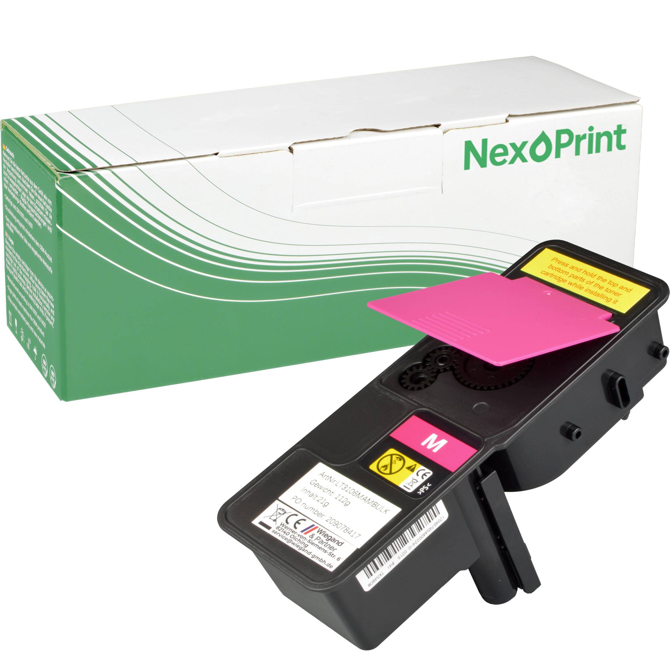 Eine schwarze Druckertonerkassette mit einer rosa Klappe und Etiketten wird vor einer grünen und weißen Box mit der Aufschrift 