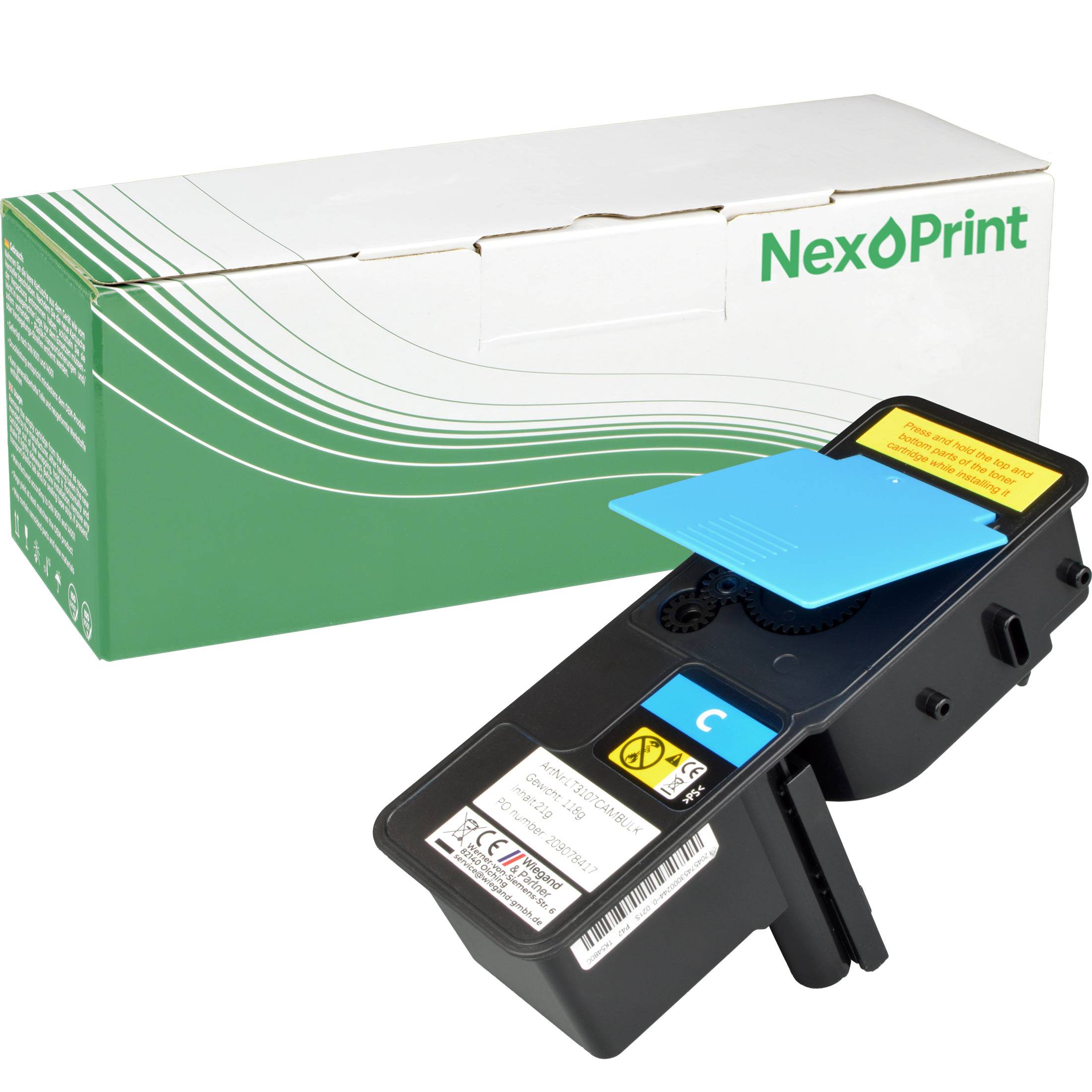 NexPrint' Marken-Cyan-Tonerkassette mit Verpackung, die Produktetiketten und Sicherheitssymbole zeigt.