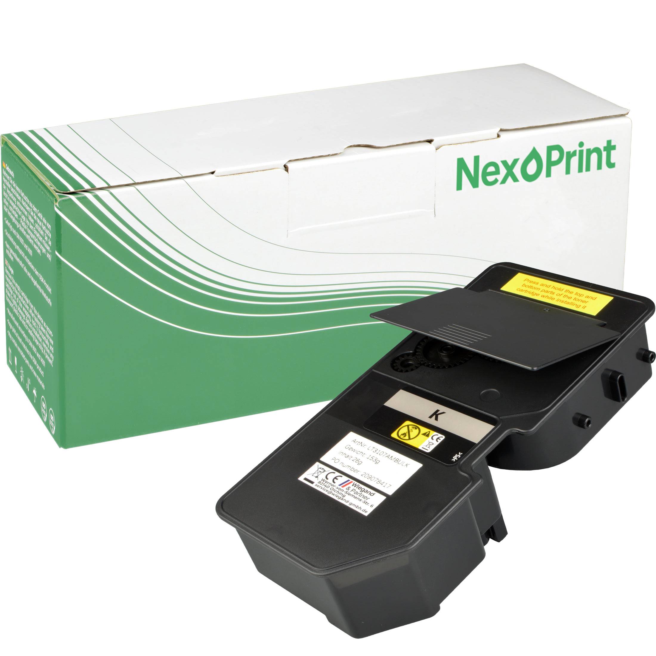 Verpackung einer 'NexoPrint'-Druckerpatrone mit schwarzer Tonerkartusche, sichtbarem Etikett und Warnhinweissymbolen.