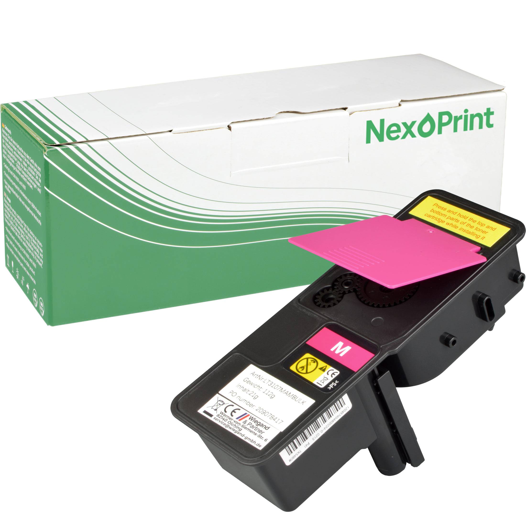 Eine schwarze Druckertonerkassette, die mit einem rosa 'M' gekennzeichnet ist, vor einer grün-weißen NexoPrint-Verpackung.