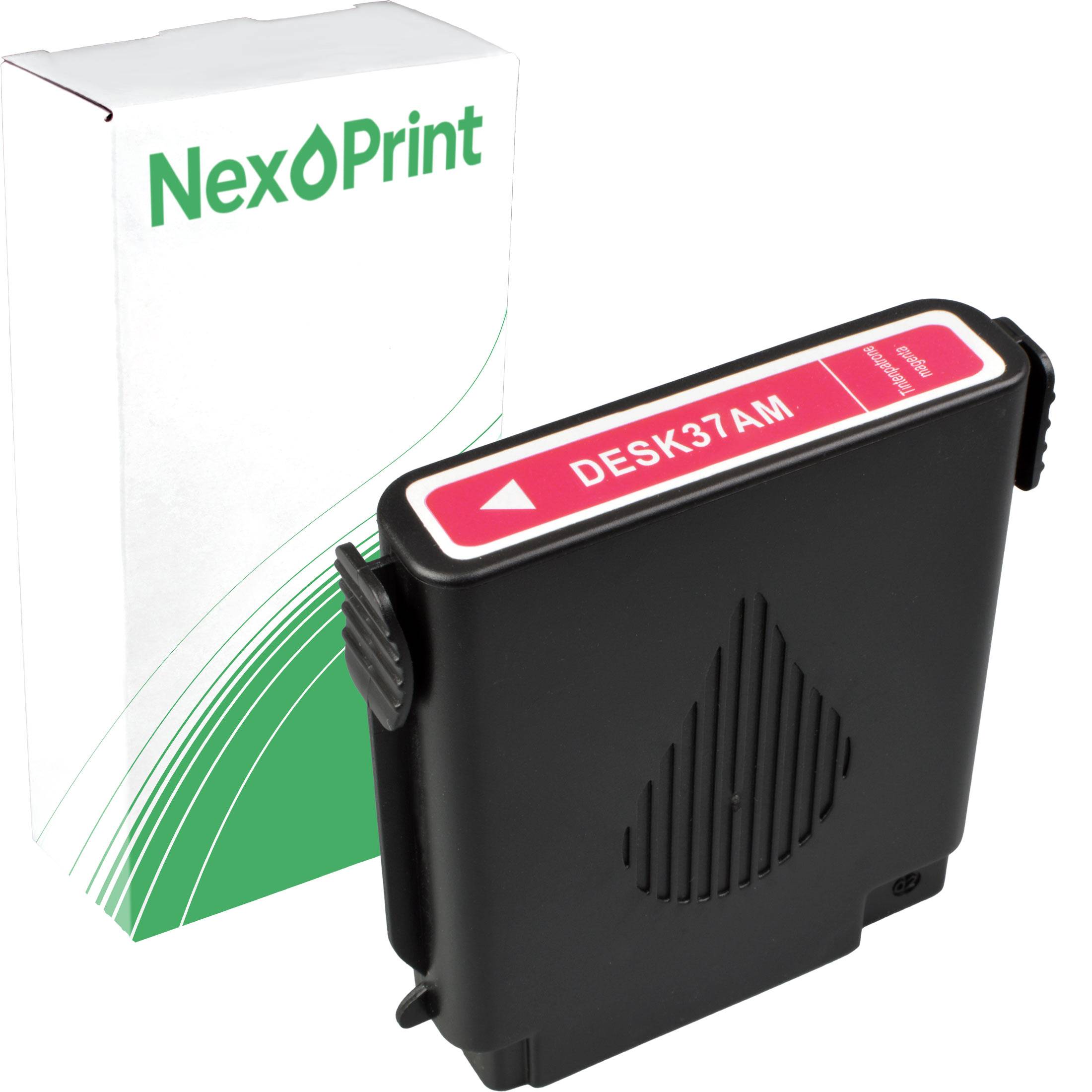 Tintenpatrone in Schwarz mit der Bezeichnung DESK37AM neben einer NexPrint-Schachtel, was auf einen Druckerpatronen-Nachfüll- oder Austauschvorgang hinweist.