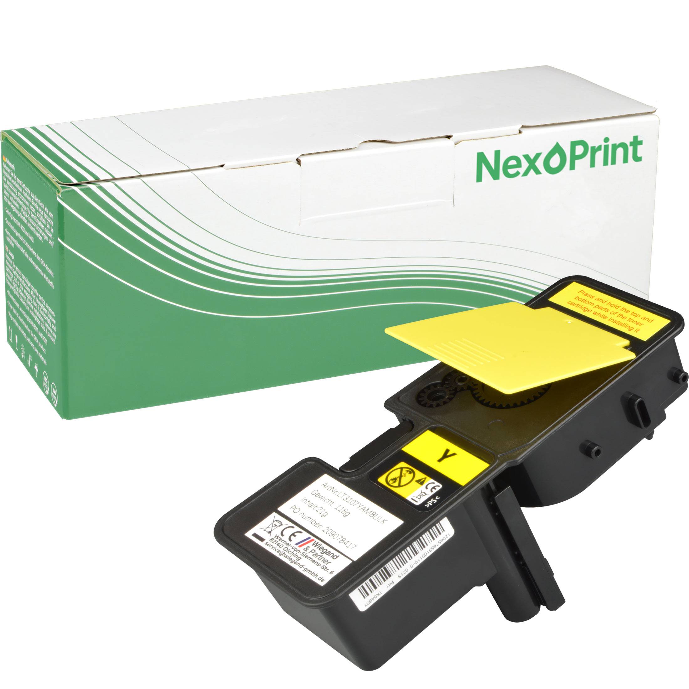 Eine schwarze Tonerkartusche mit einem gelben Etikett ist vor einer grün-weißen NexOPrint-Verpackung zu sehen.