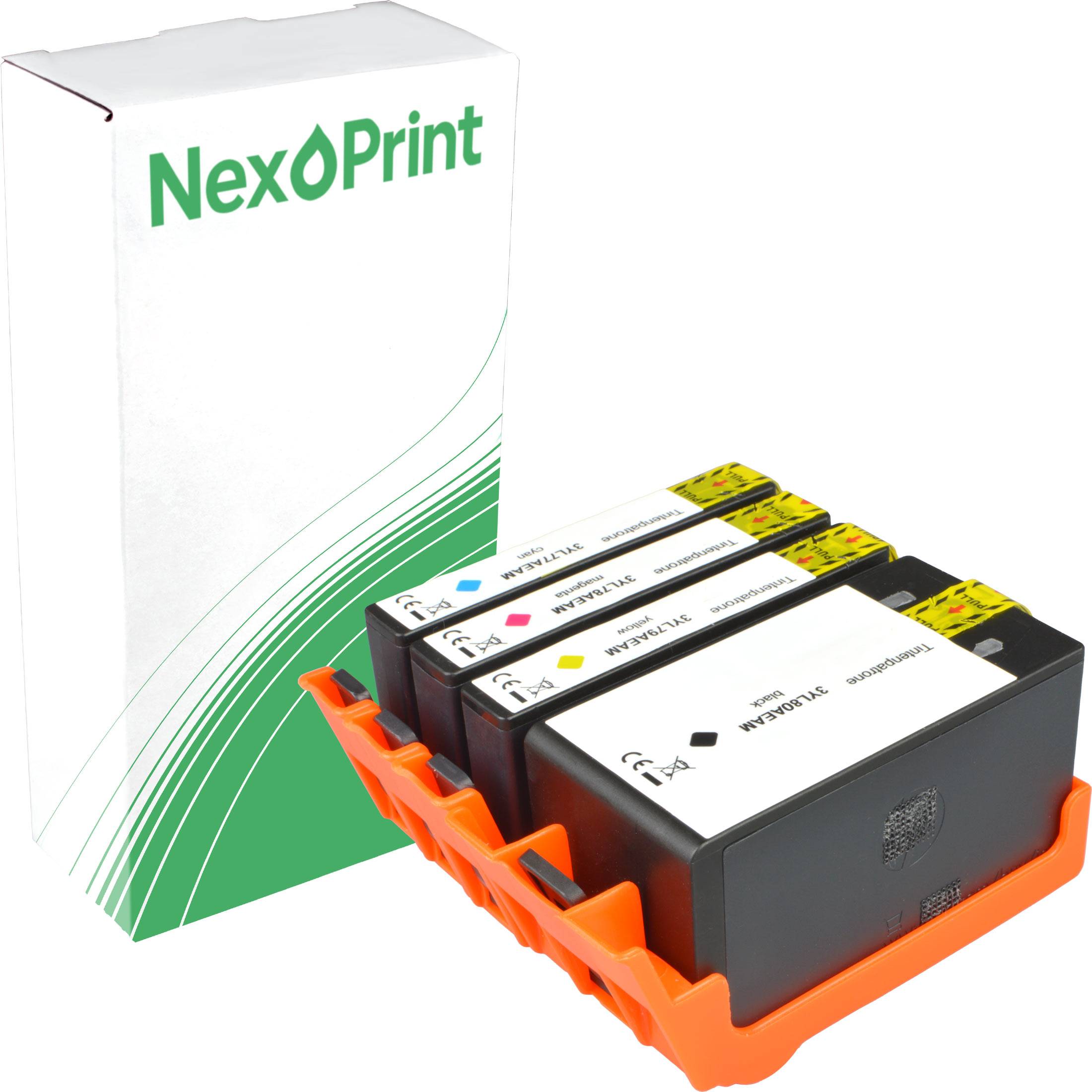 Ein 'NexPrint' Tintenpatronen-Set mit Cyan-, Magenta-, Gelb- und Schwarzpatronen in einem Tablett, neben einer Markenverpackung mit grünen Akzenten.