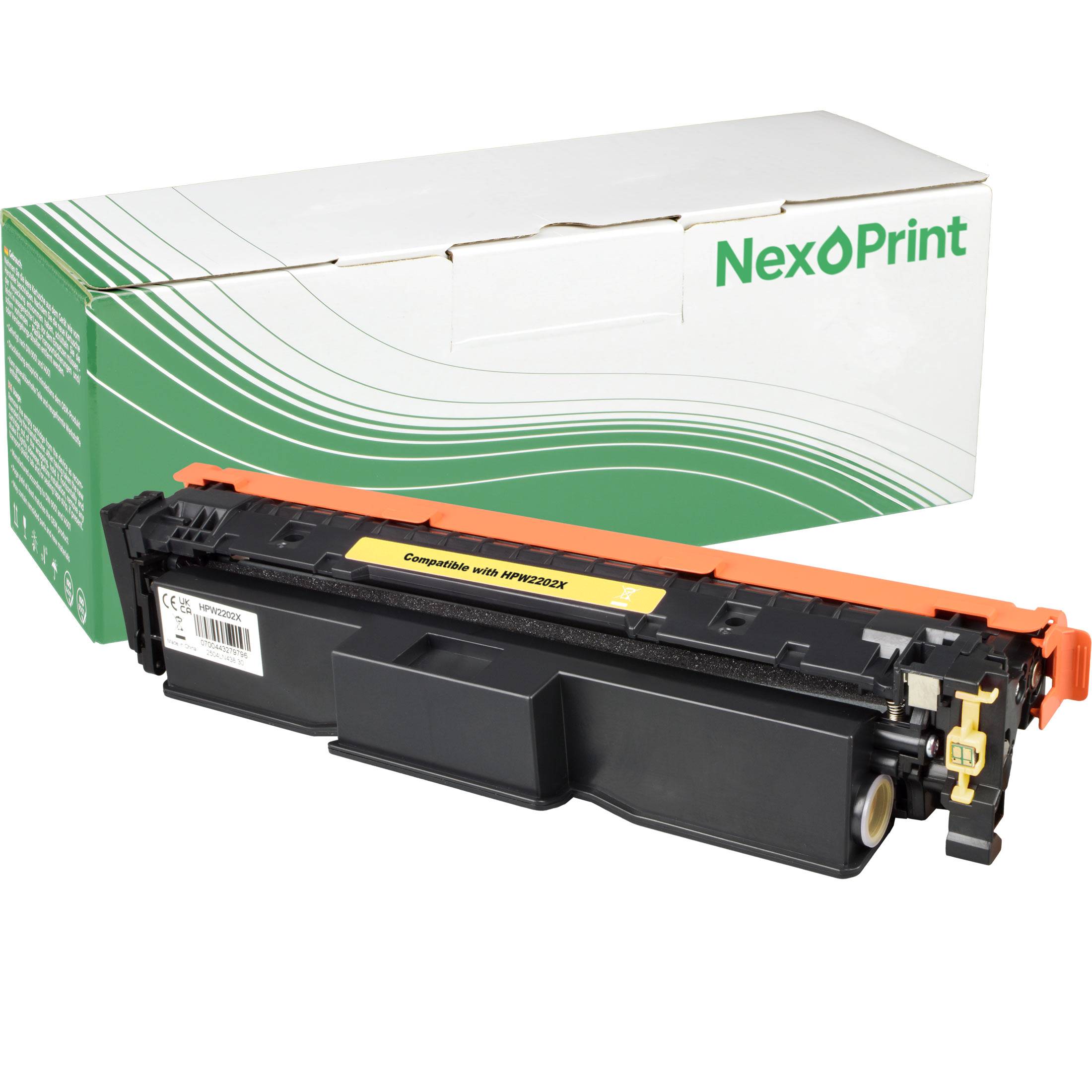 Tonerkassette für HP-Drucker, Modell HP CF540A, gezeigt mit Verpackung, die mit 'NexPrint' beschriftet ist; Designmerkmale sind grüne und weiße Wirbel.