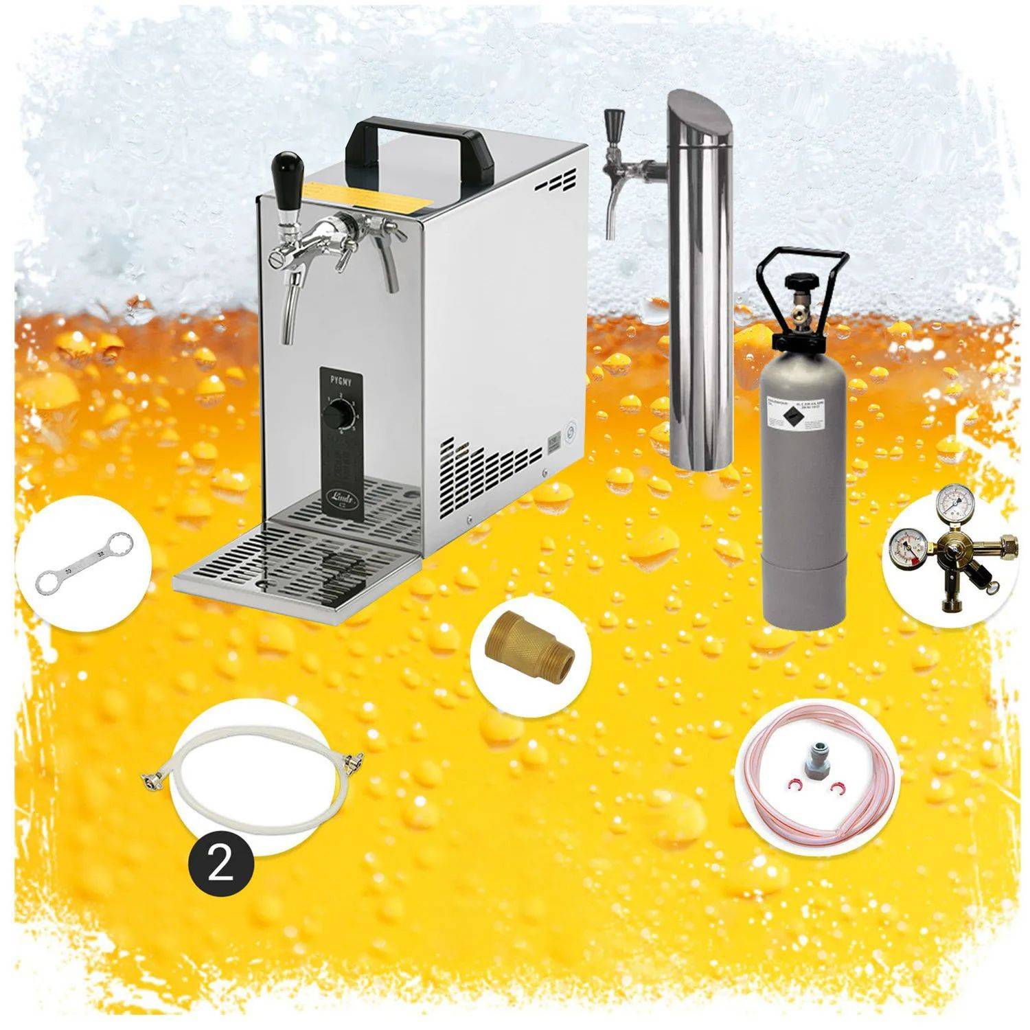Bierkühler und CO2-Tank mit zugehörigen Teilen, einschließlich Kupplung, Schraubenschlüssel, Dichtung und Druckregler, vor einem Bierhintergrund.