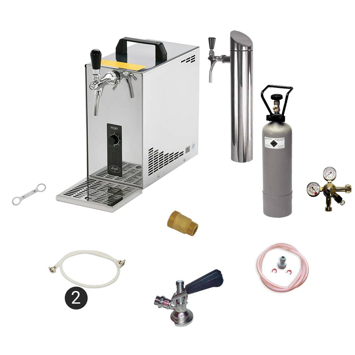 Bier-Ausrüstungsset inklusive Bierzapfanlage, CO2-Zylinder, Druckregler, Zapfhahn, Schläuchen, Fassanschluss und Werkzeugen.