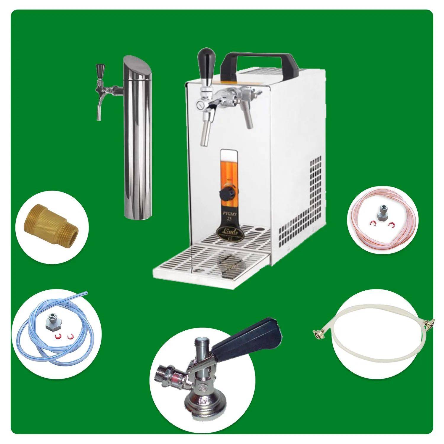 Bier-Thekendispenser-Set mit Zapfsäule, Zapfhahn, Kupplung, Schlauch, Schellen und Anschluss, auf grünem Hintergrund präsentiert.