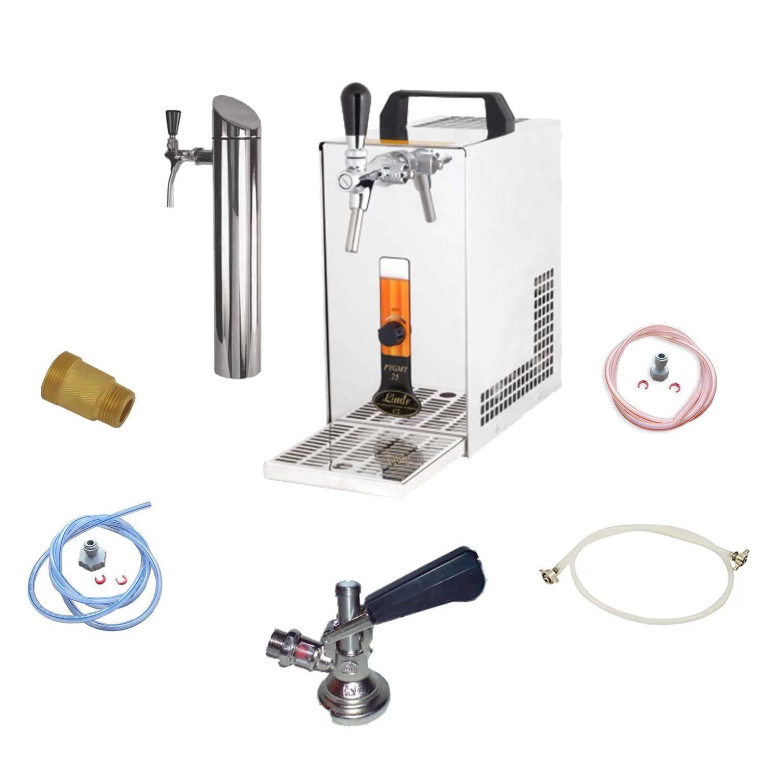 Edelstahl-Bierbrunnen-Set mit Rohrleitungszubehör und Anschlüssen, Schlauch und Hahn inklusive. Für professionellen Einsatz konzipiert.
