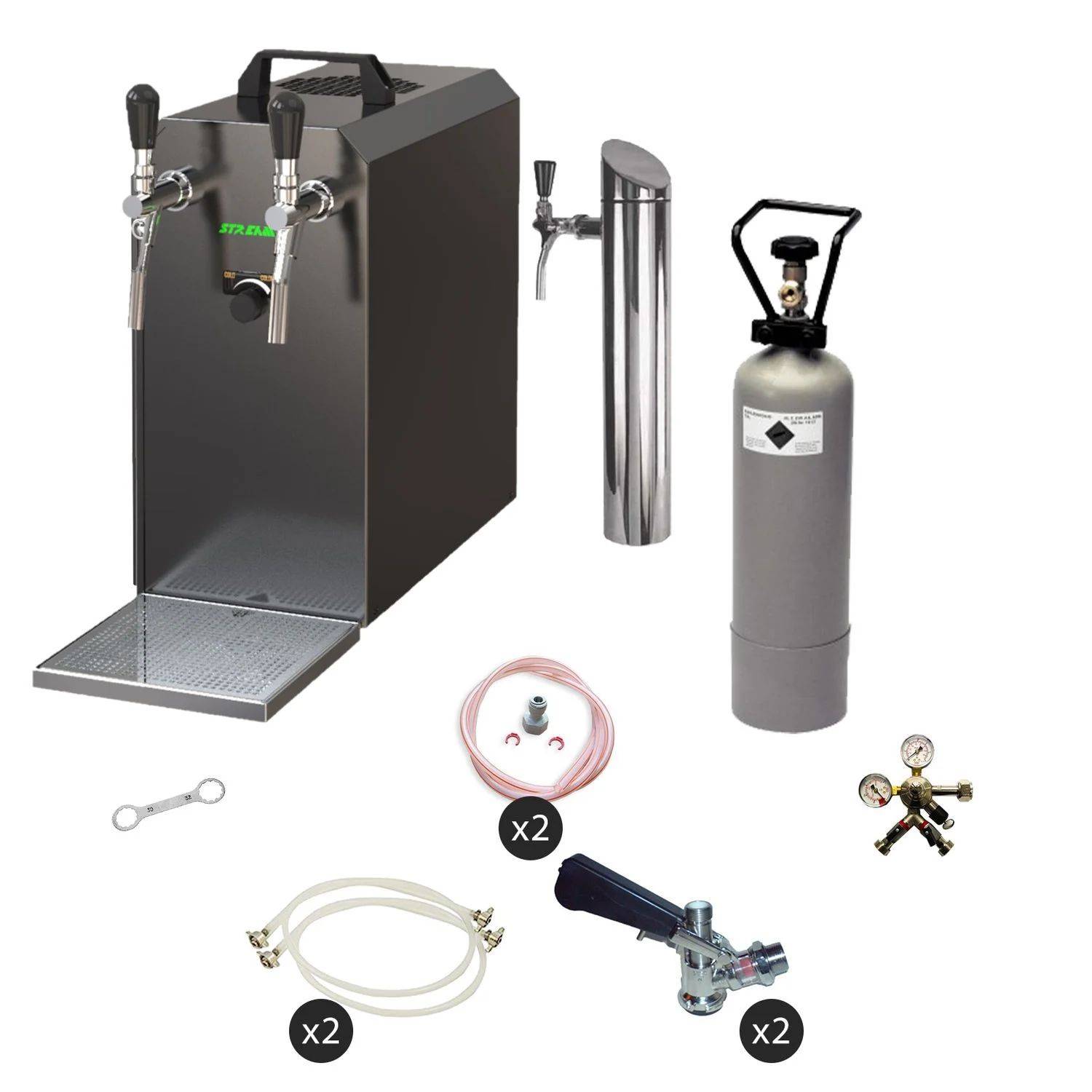 Serie X Kegerator von Kegland mit zwei Zapfhähnen, CO2-Tank, Schläuchen, Anschlüssen und Schraubenschlüssel zum Bier zapfen.