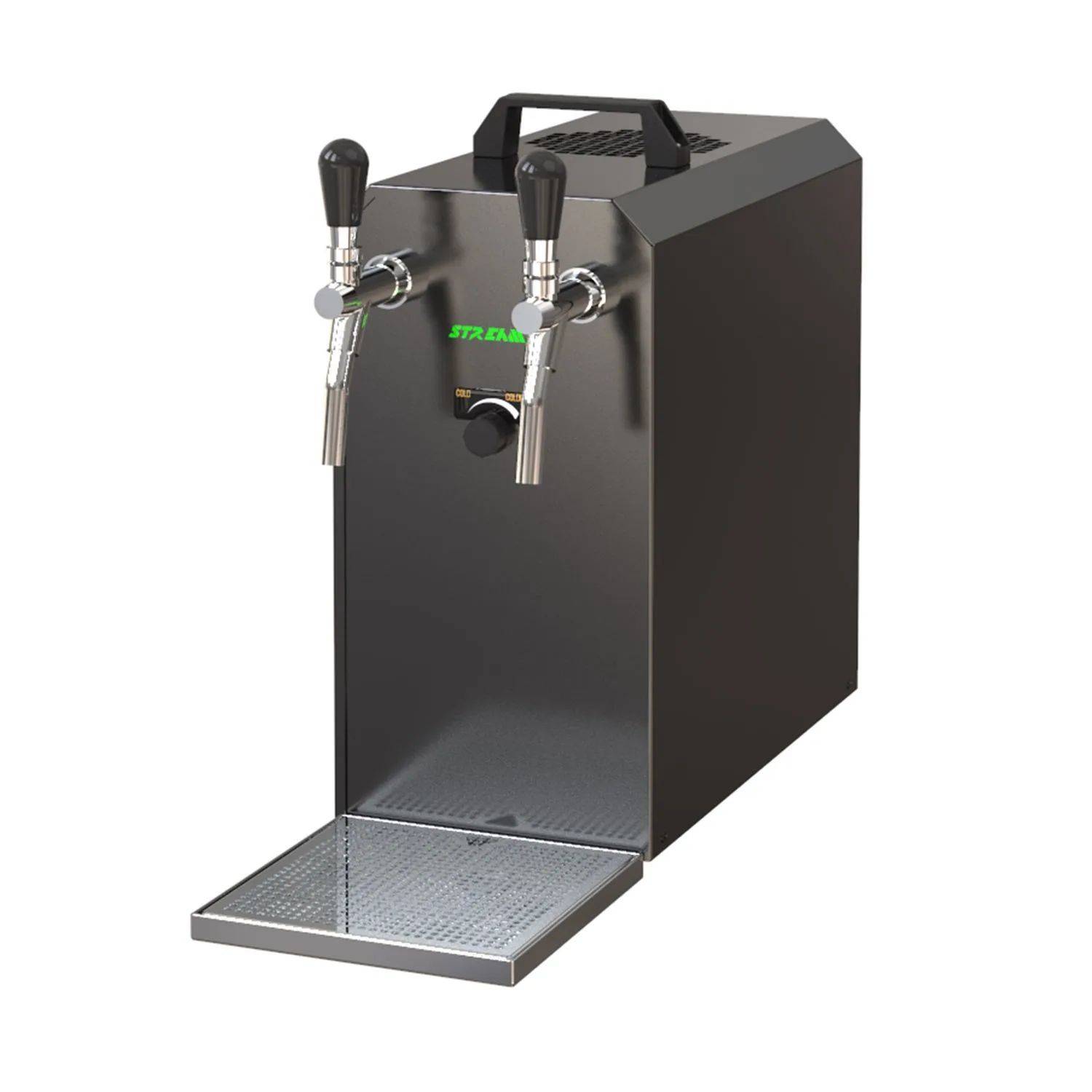 Ein Edelstahl-Zapfhahn mit Doppelauslass und Abtropfschale, konzipiert für das Zapfen von Getränken vom Fass.