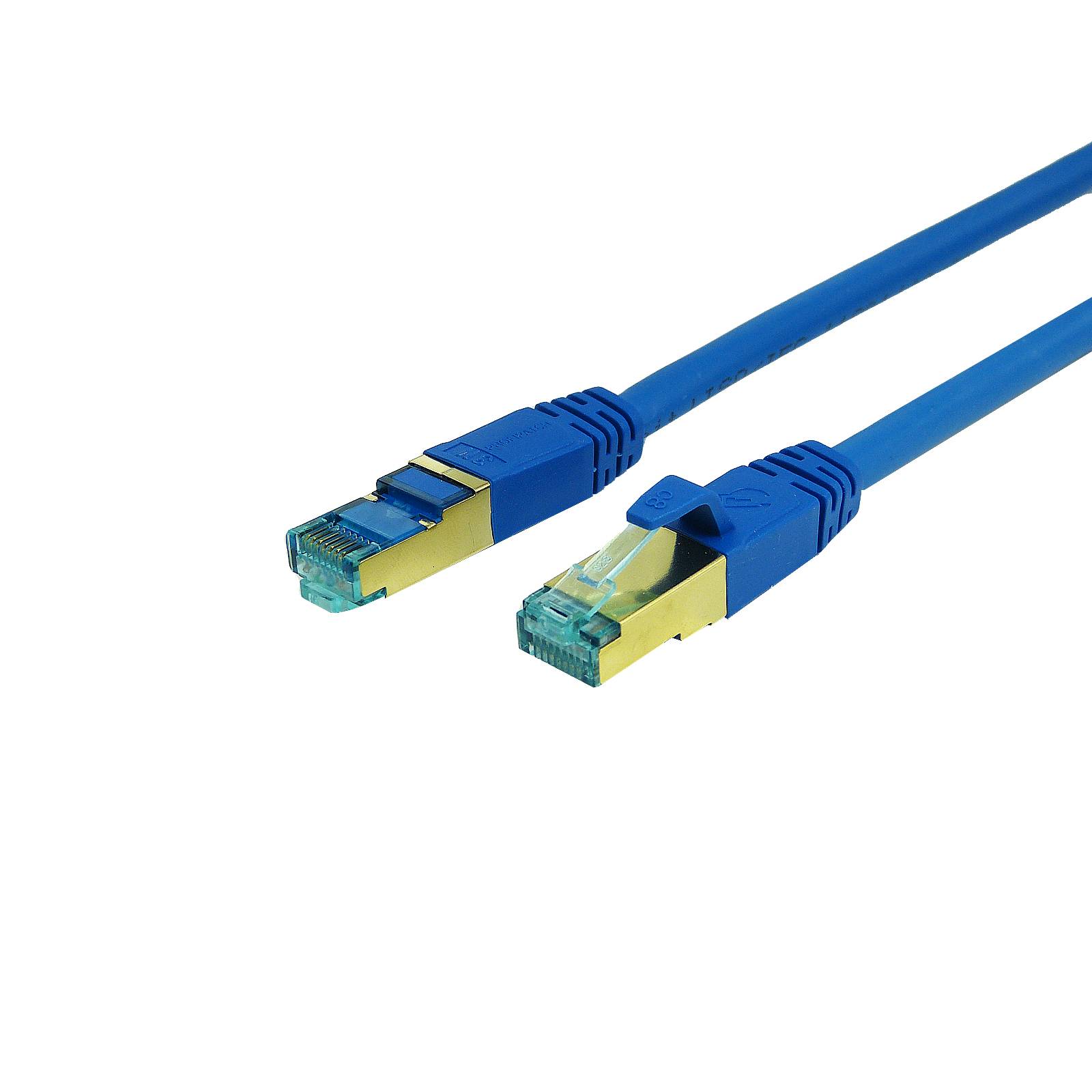 Zwei blaue Ethernet-Kabel mit transparenten Steckern auf weißem Hintergrund, verwendet für Netzwerkverbindungen und Datentransfer.