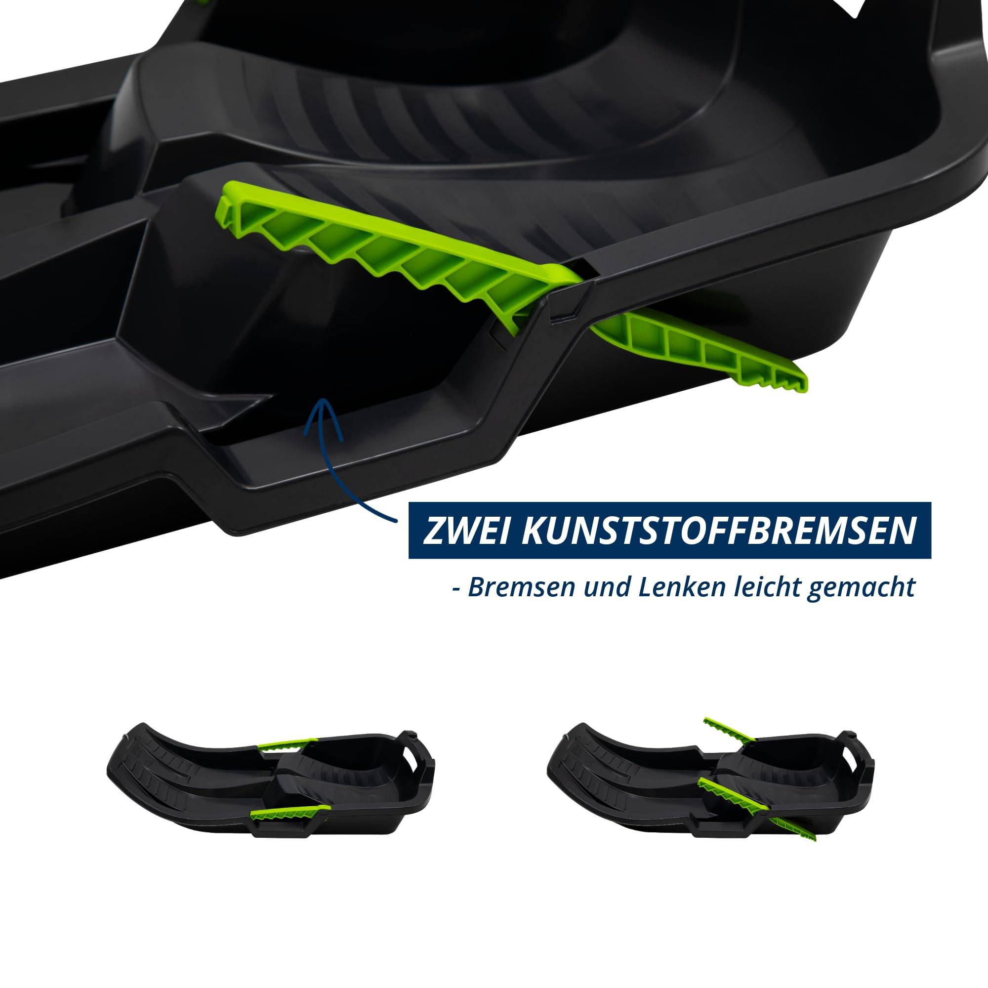 Schlittenabschnitt mit zwei grün hervorgehobenen Kunststoffbremsen. Bildunterschrift lautet: 'Zwei Kunststoffbremsen - Bremsen und Lenken leicht gemacht'.