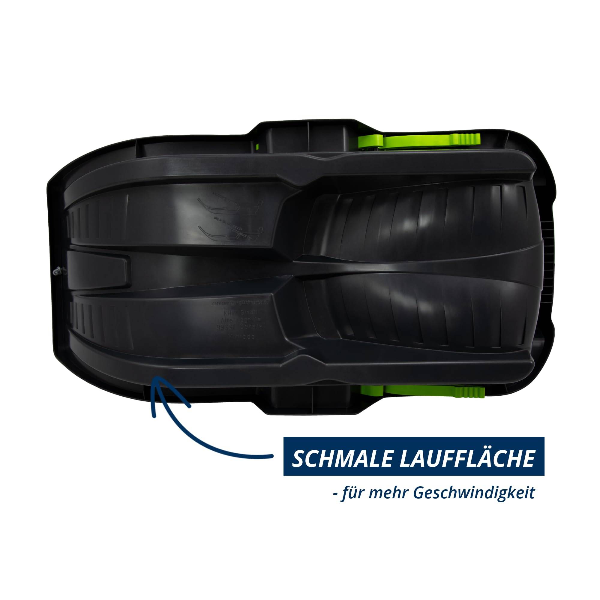 Eine Draufsicht auf einen schwarzen Gegenstand mit schmalem Profil. Ein blauer Pfeil zeigt auf die Beschriftung „Schmale Lauffläche - für mehr Geschwindigkeit.