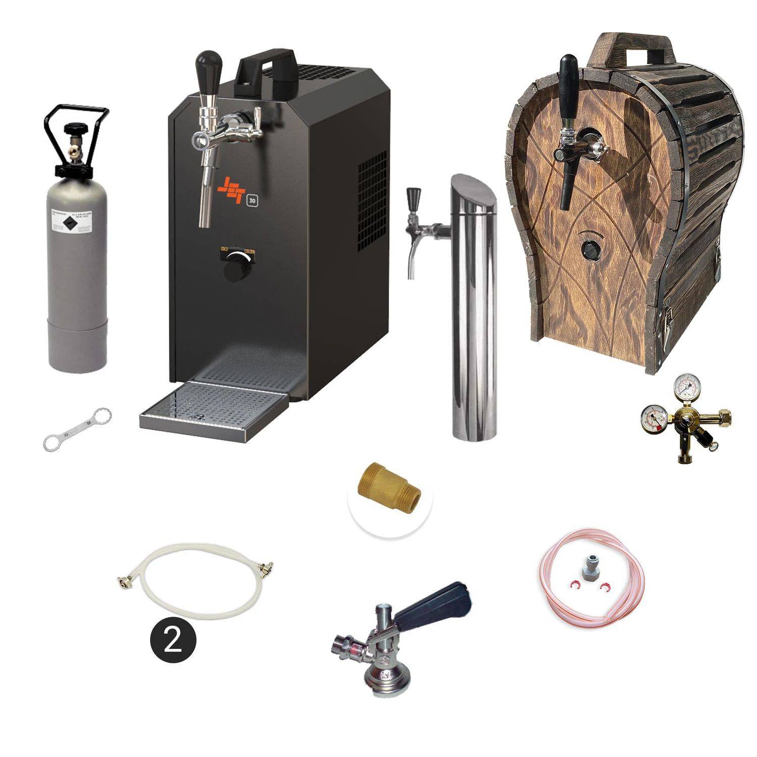 Ein Bier-Zapfanlage mit Zapfhahn, CO2-Tank, Holzfass und essentiellen Anschlüssen zum Aufbau eines privaten Bier-Zapfsystems.