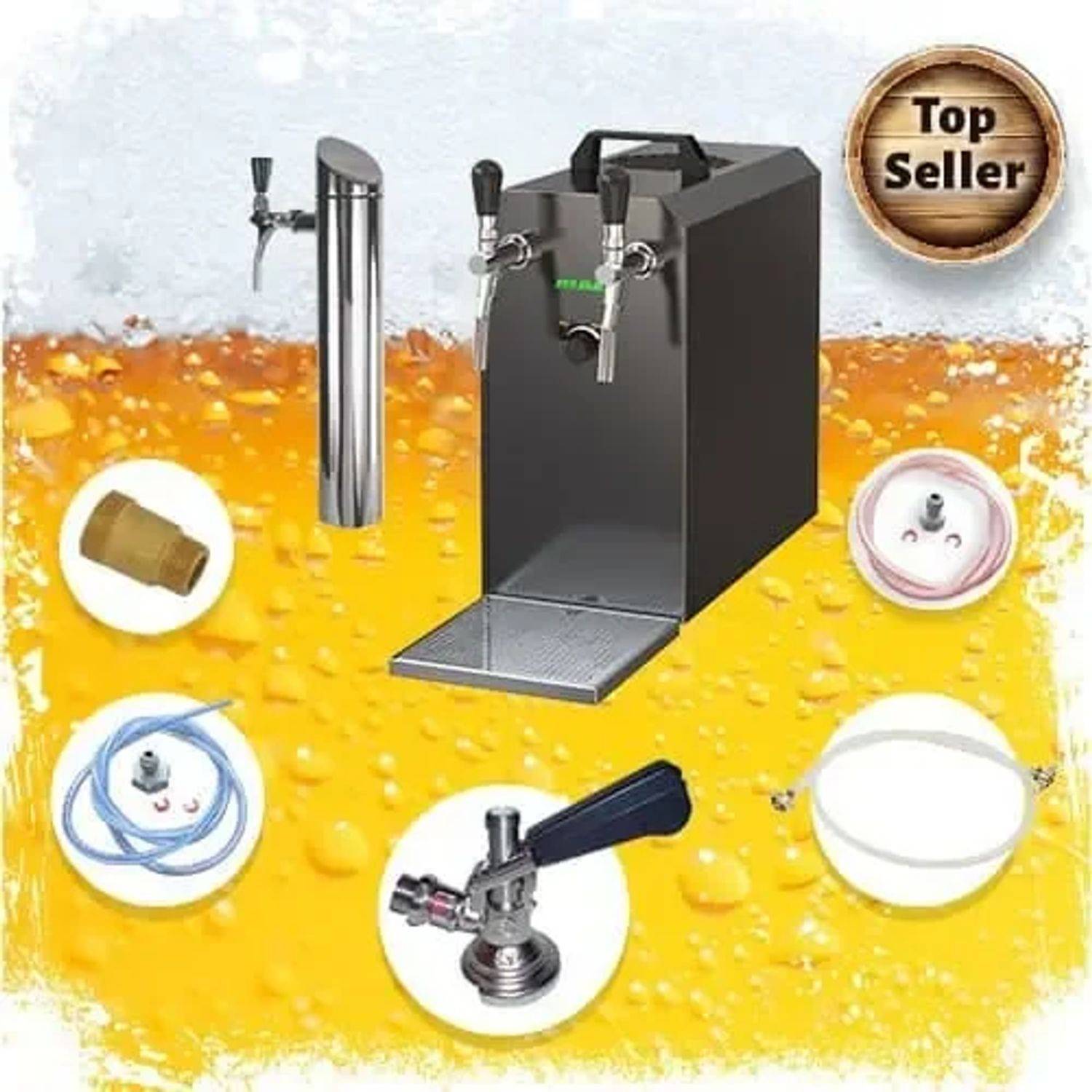 Bier-Bestseller-Set mit Fass, CO2-Zylinder, Zapfhahn und Zubehör auf einem strukturierten Amber-Hintergrund.