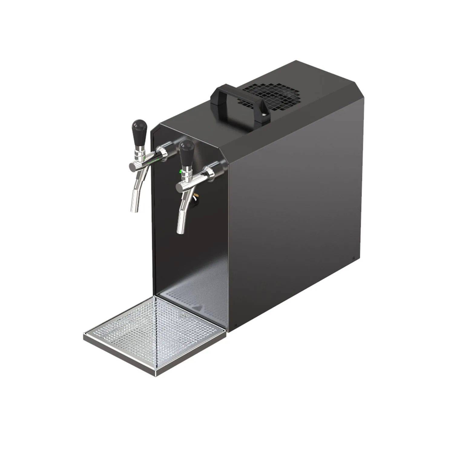 Ein schwarzer Bier-Zapfhahn mit zwei Zapfhähnen und einem Abtropfbrett.