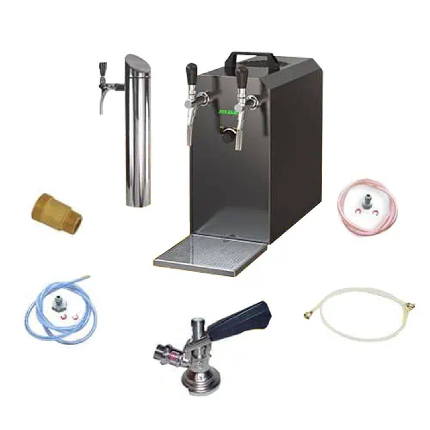 Ein Bierschankanlage mit einem Zapfturm, Anschlüssen und Schläuchen, die darum angeordnet sind.