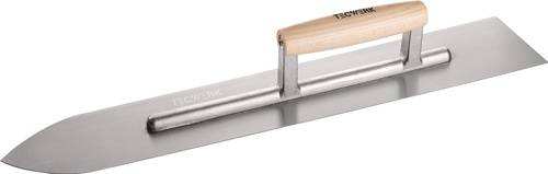 Ein Metallkellen mit einem Holzgriff, geeignet zum Glätten von Betonoberflächen.