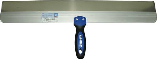 Ein Trockenbau-Spachtelmesser mit einer Metallklinge und einem blau-schwarzen Griff, der Marke 'Haromac'.