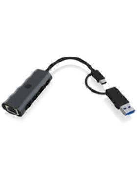 Ein kompakter USB-zu-Ethernet-Adapter mit grauer Oberfläche, ausgestattet mit einem USB-3.0-Anschluss und einem Ethernet-Port, verwendet für Netzwerkverbindungen.