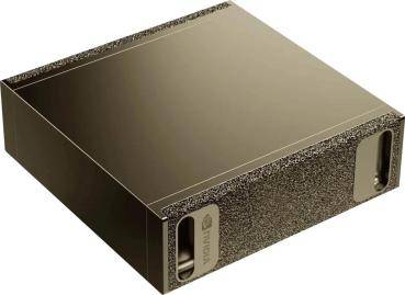 Eine goldfarbene, rechteckige NVIDIA-Box mit einem Logo in der linken vorderen Ecke, möglicherweise ein technisches Gerät oder eine Komponente.