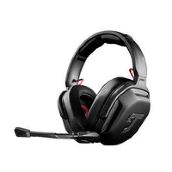 Ein schwarzer Gaming-Headset mit angebrachtem Mikrofon, ausgestattet mit eckigen Ohrmuscheln und einem schlanken, modernen Design.